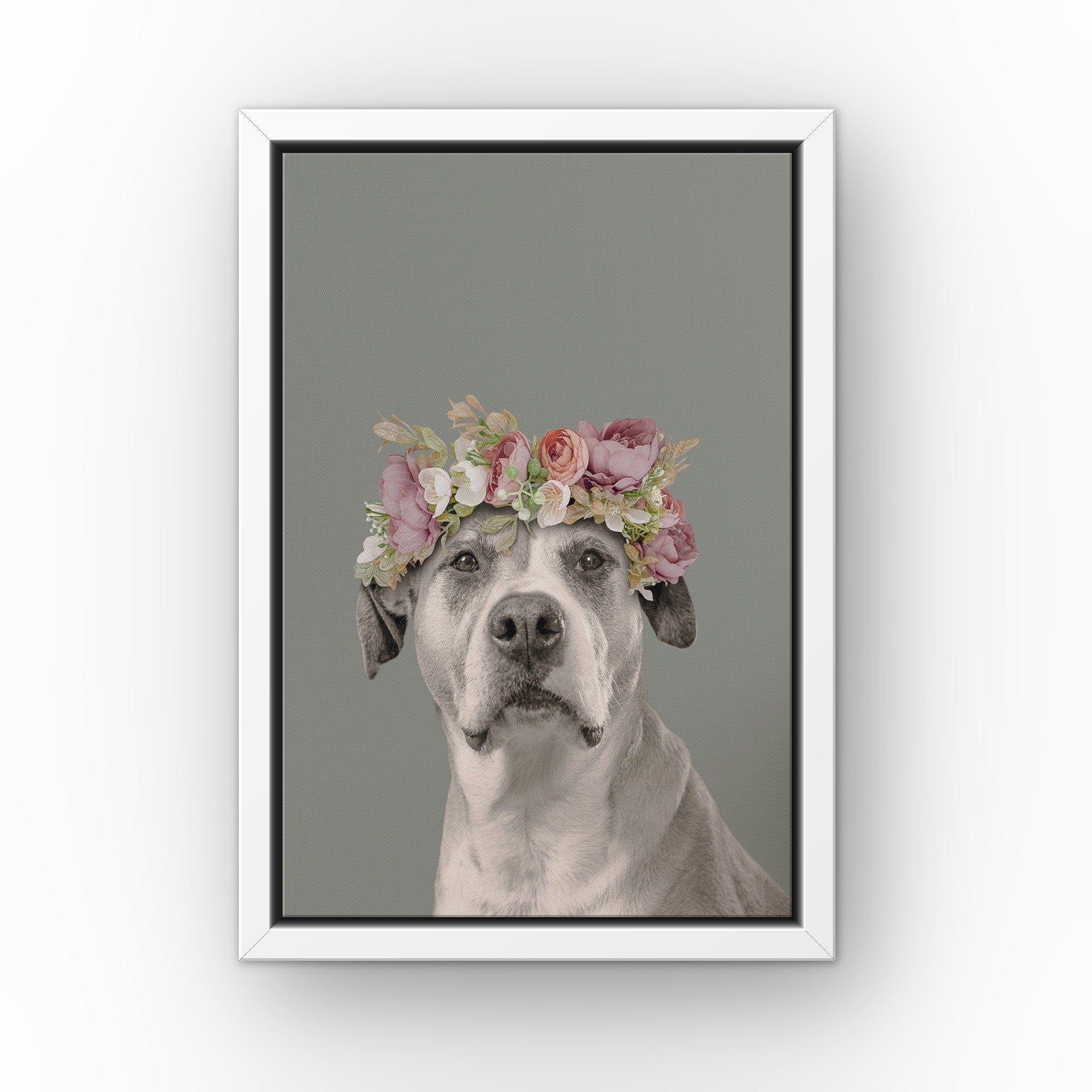 Floral Crown Pet Portrait (green) custom pet canvas in a white floating frame