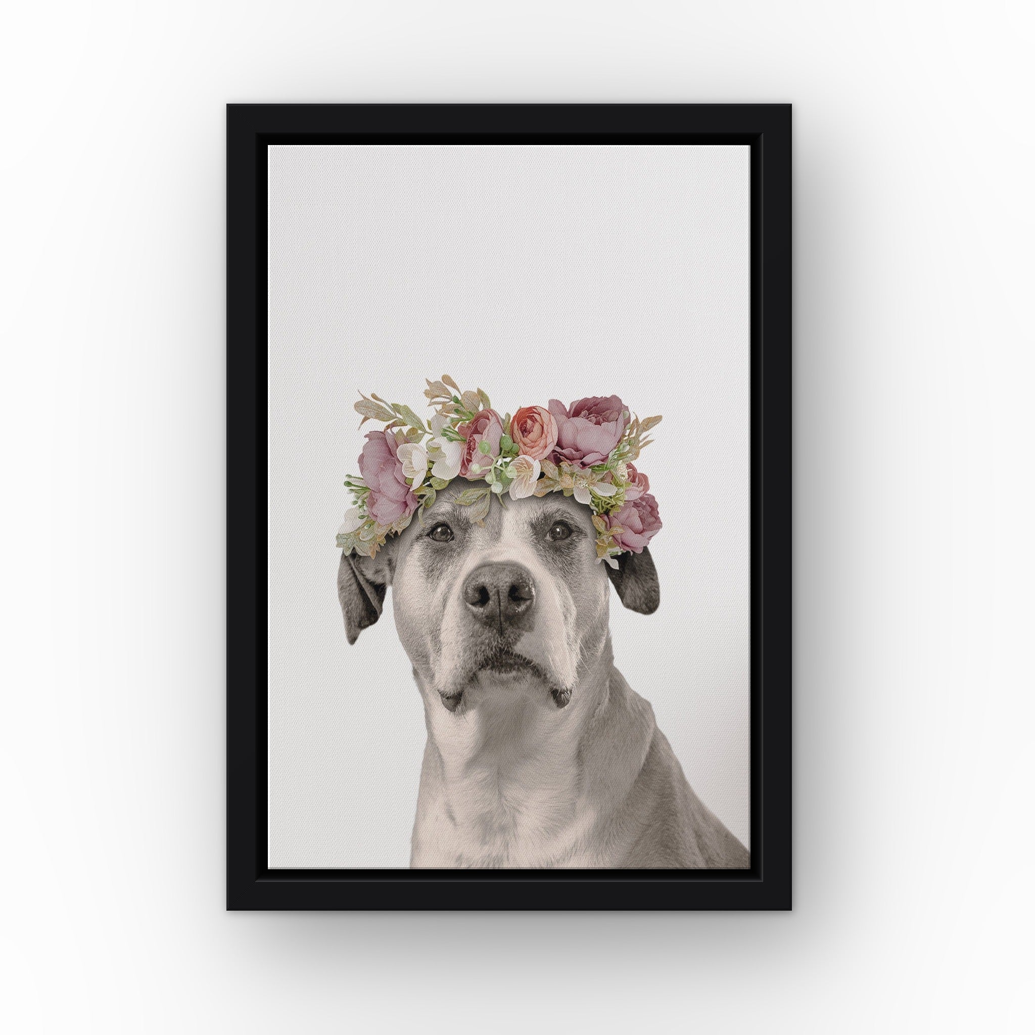 Floral Crown Pet Portrait (white) custom pet canvas in a black floating frame