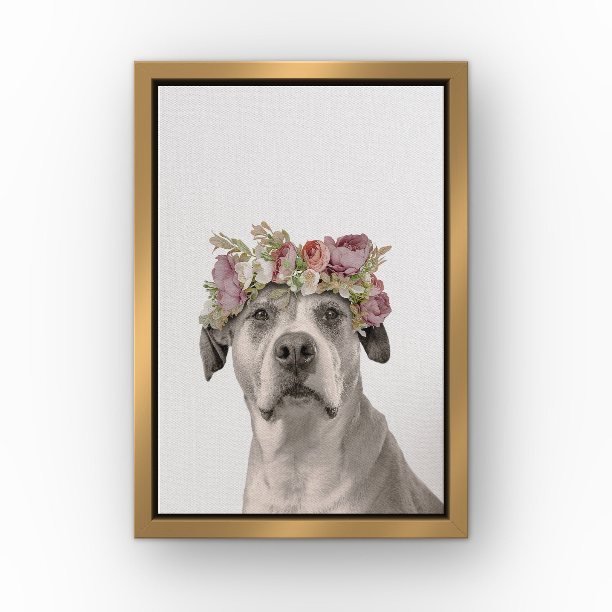 Floral Crown Pet Portrait (white) custom pet canvas in a gold floating frame