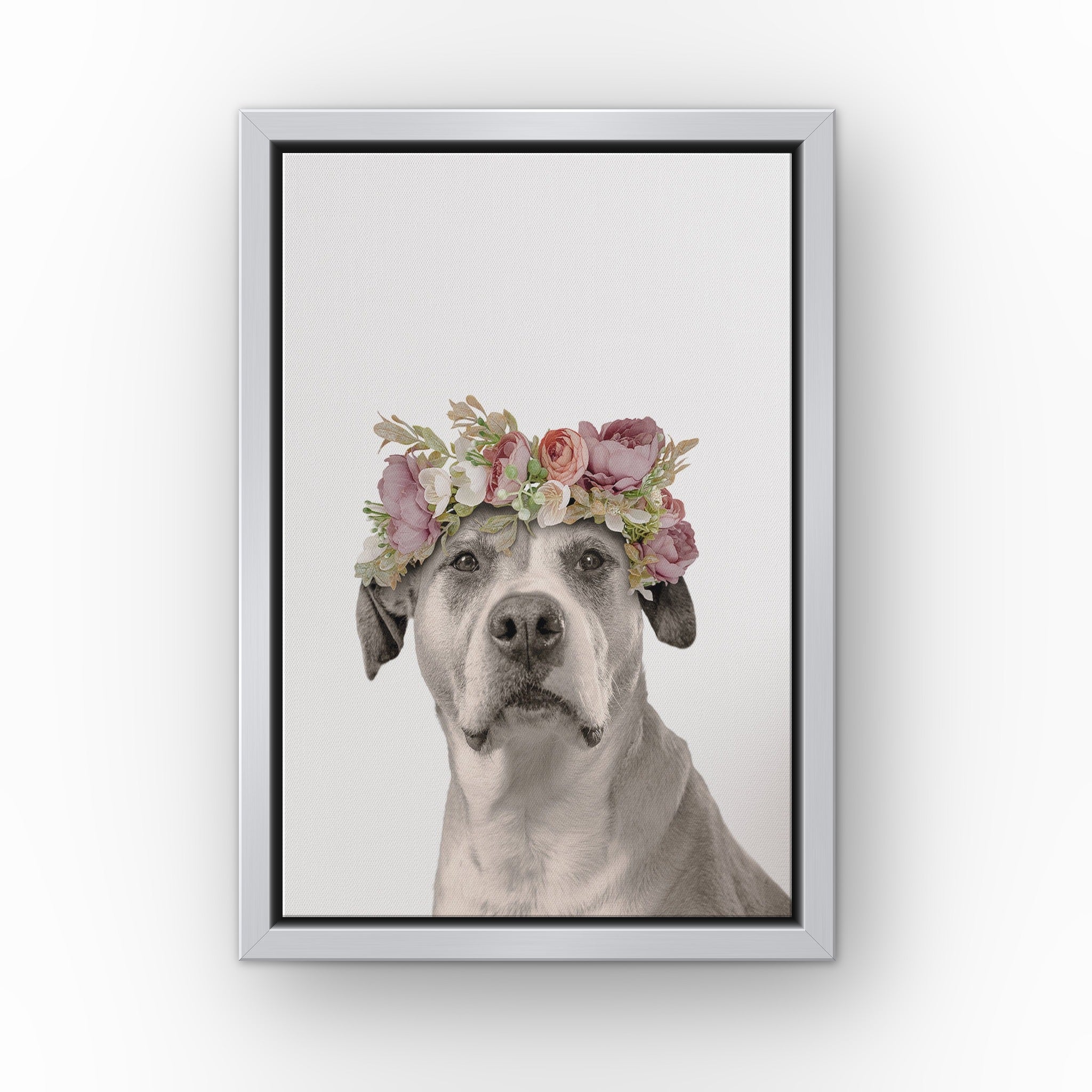 Floral Crown Pet Portrait (white) custom pet canvas in a silver floating frame