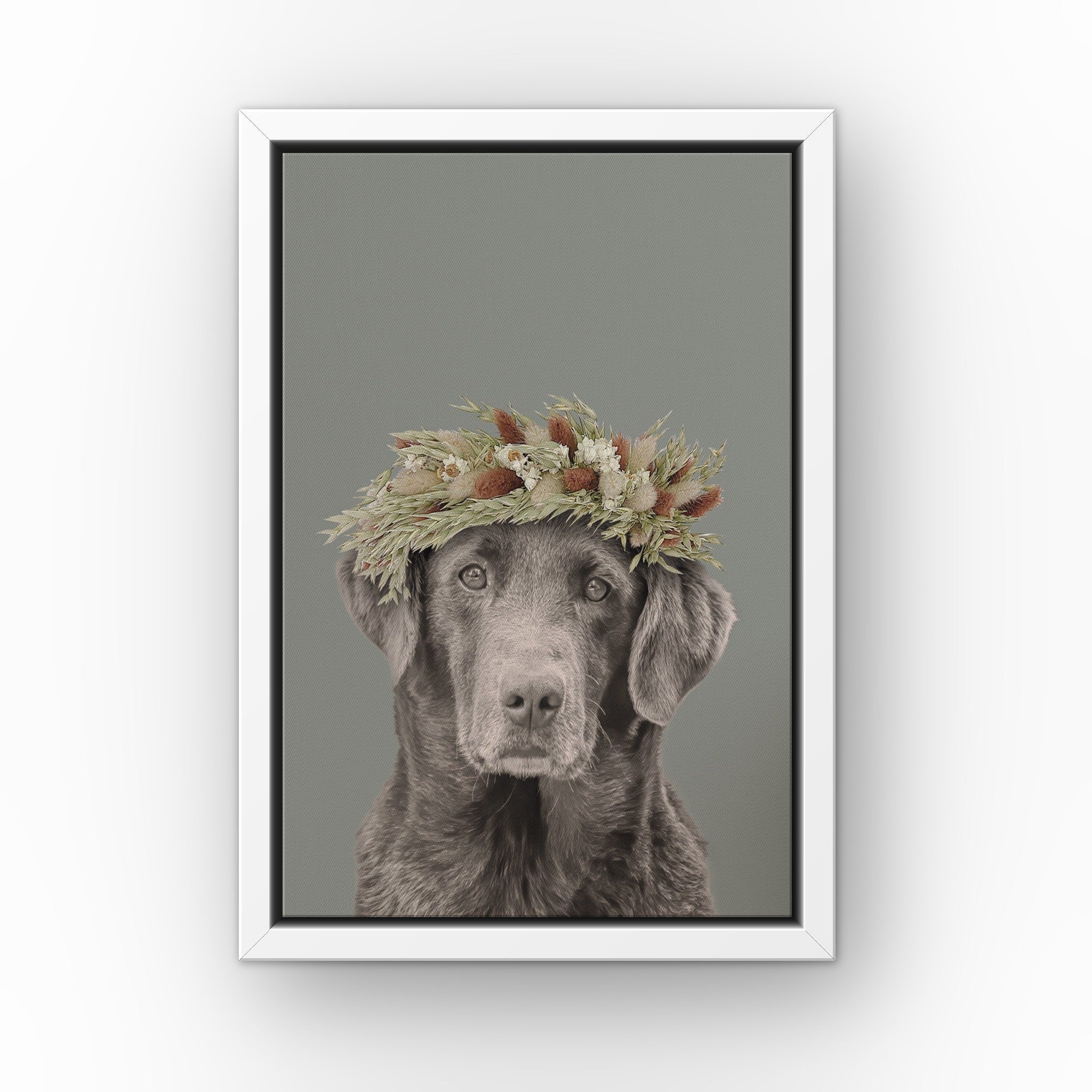 Foliage Pet Portrait (green) custom pet canvas in a white floating frame