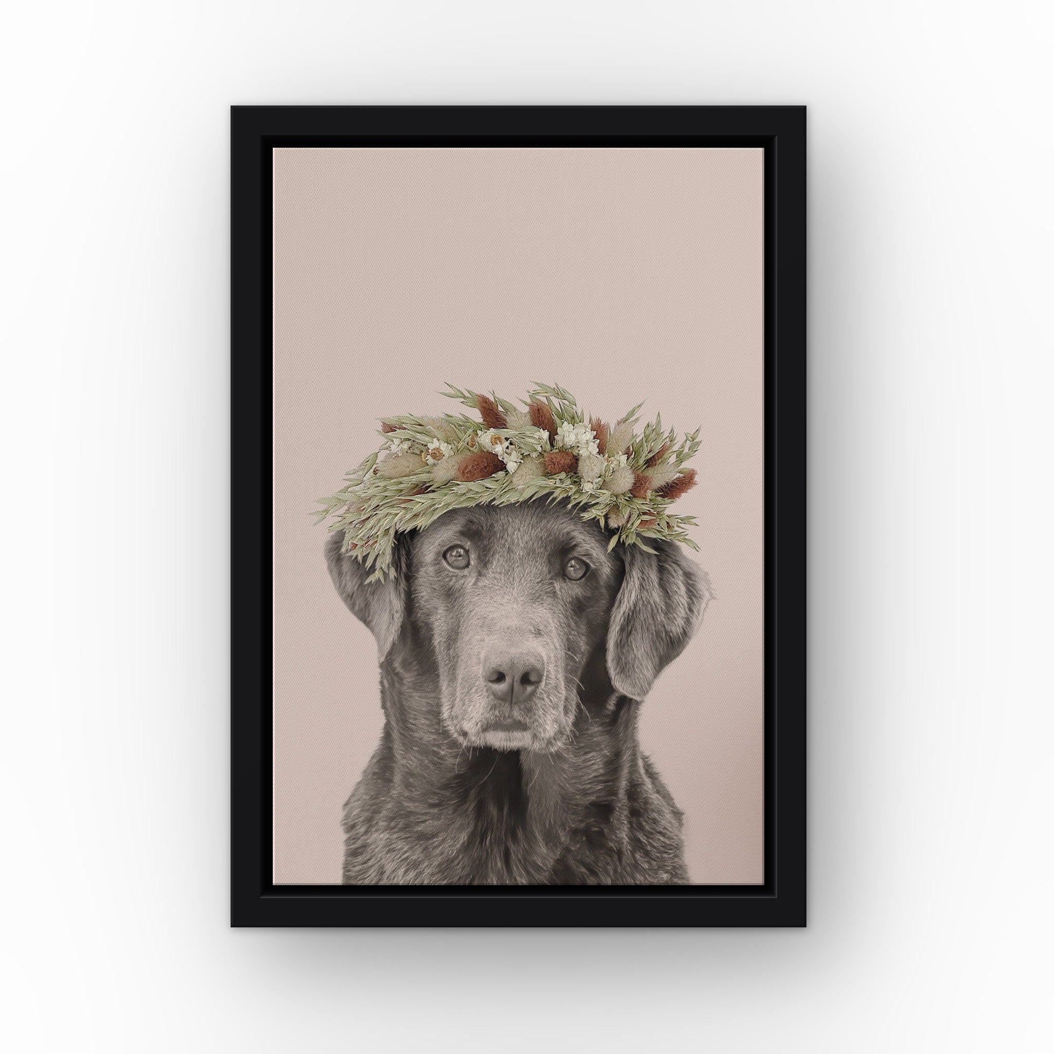 Foliage Pet Portrait (soft pink) custom pet canvas in a black floating frame