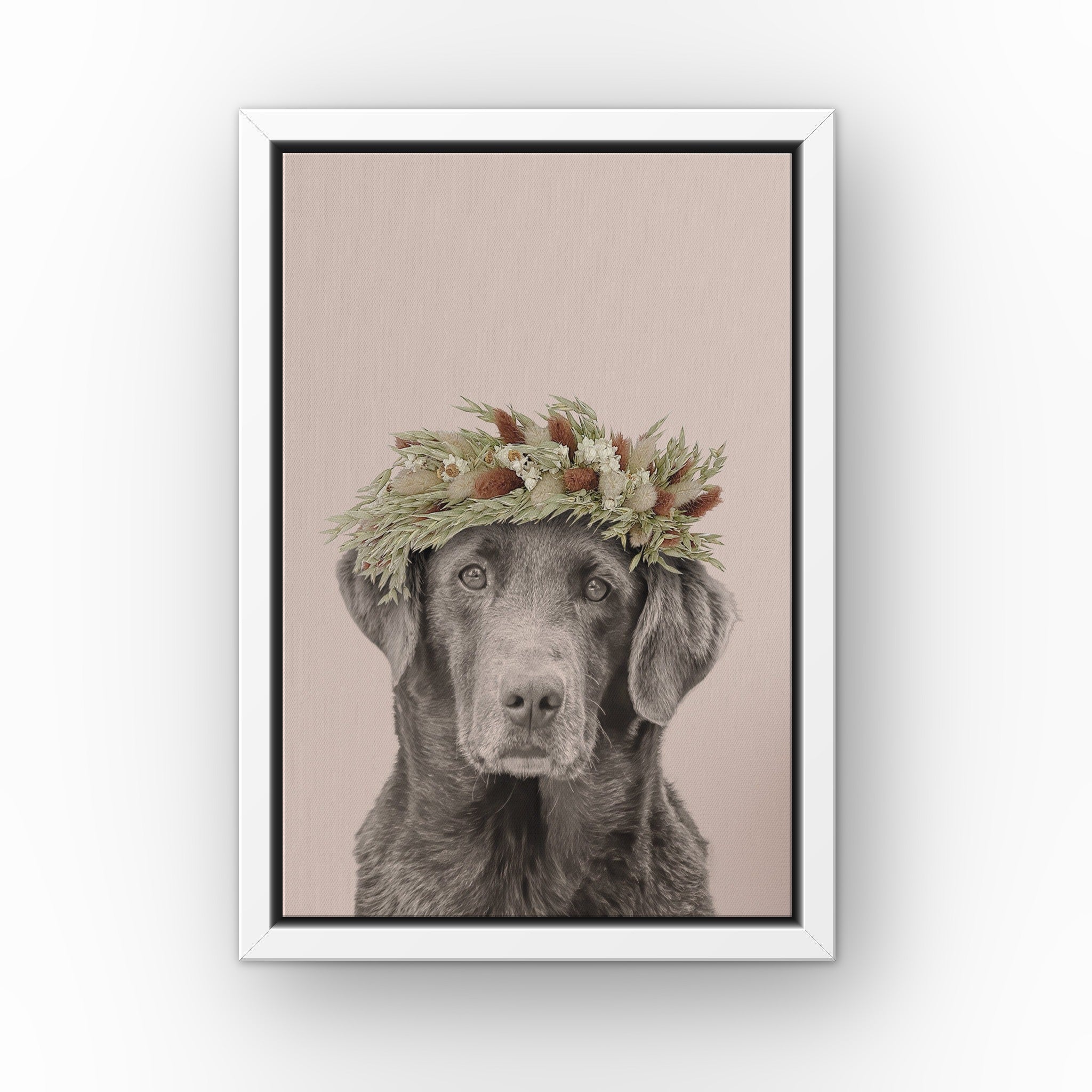 Foliage Pet Portrait (soft pink) custom pet canvas in a white floating frame