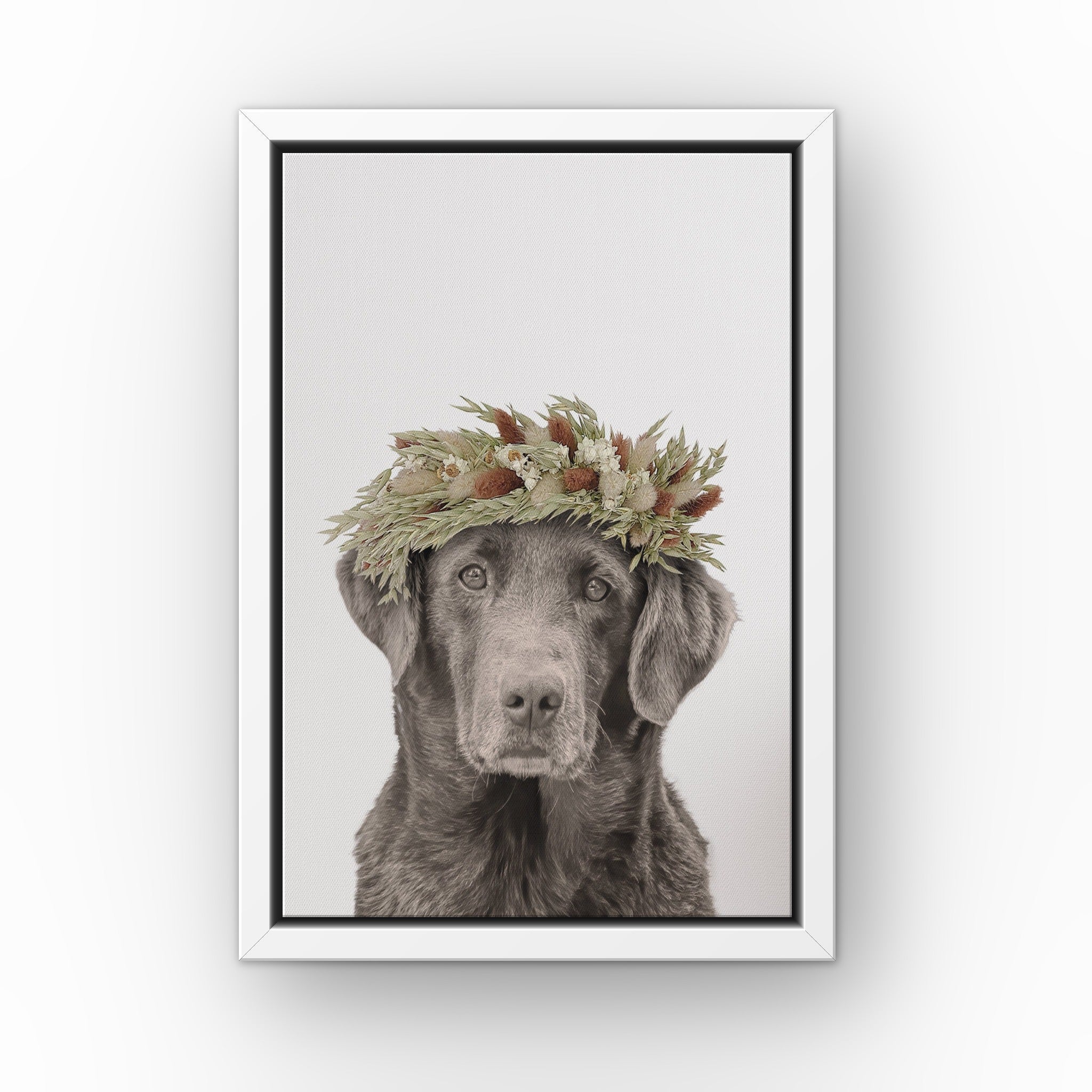 Foliage Pet Portrait (white) custom pet canvas in a white floating frame