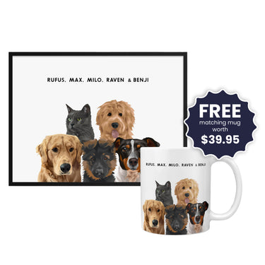 Modern Pet Portrait - Five Pets, Framed Poster