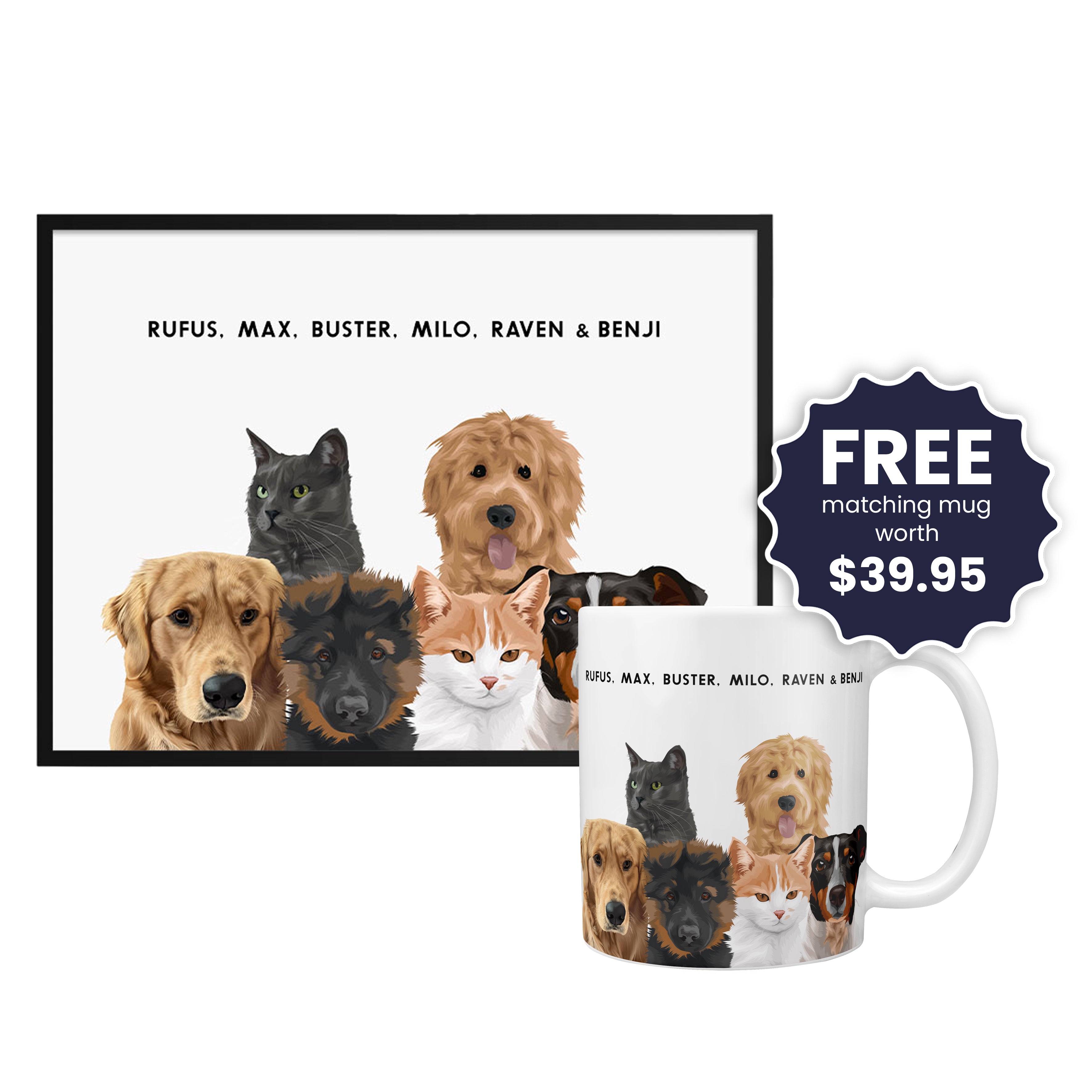 Modern Pet Portrait - Six Pets, Framed Poster