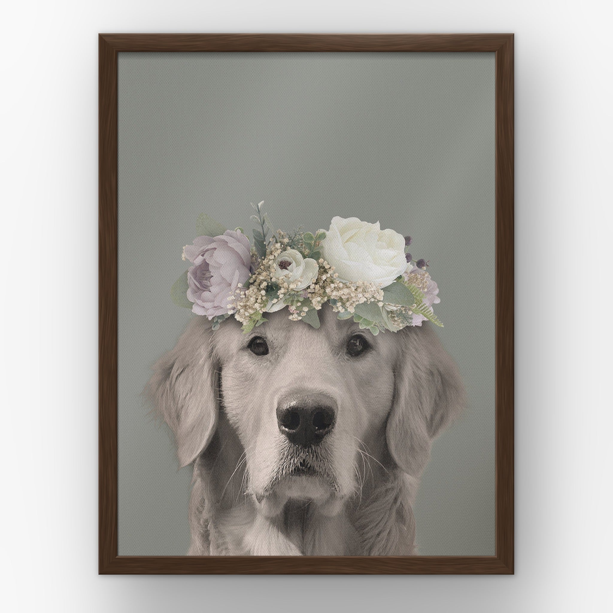 Full Bloom (green) custom pet poster in a walnut frame