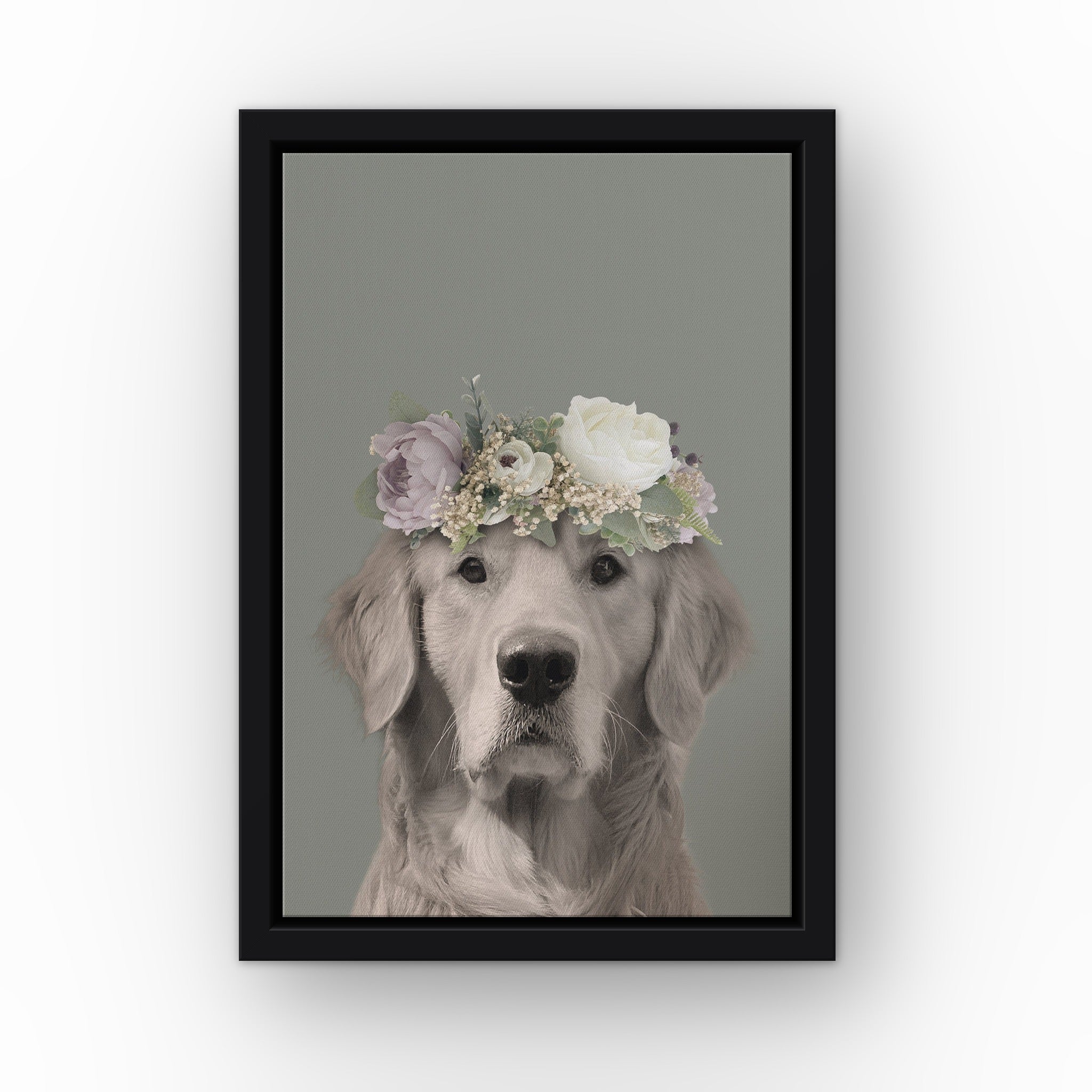 Full Bloom Pet Portrait (green) custom pet canvas in a black floating frame