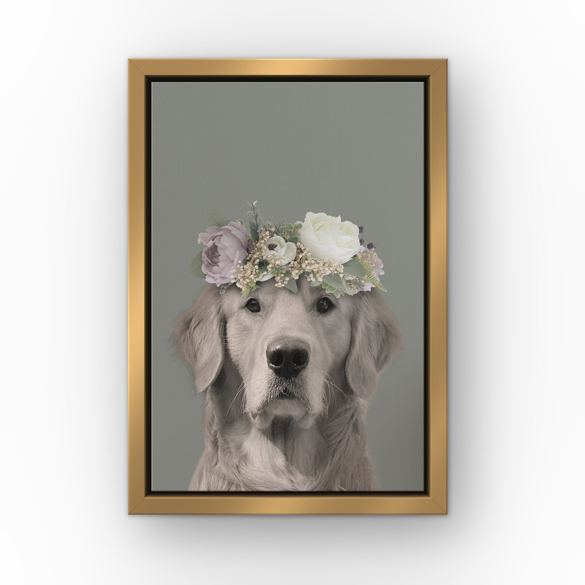 Full Bloom Pet Portrait (green) custom pet canvas in a gold floating frame