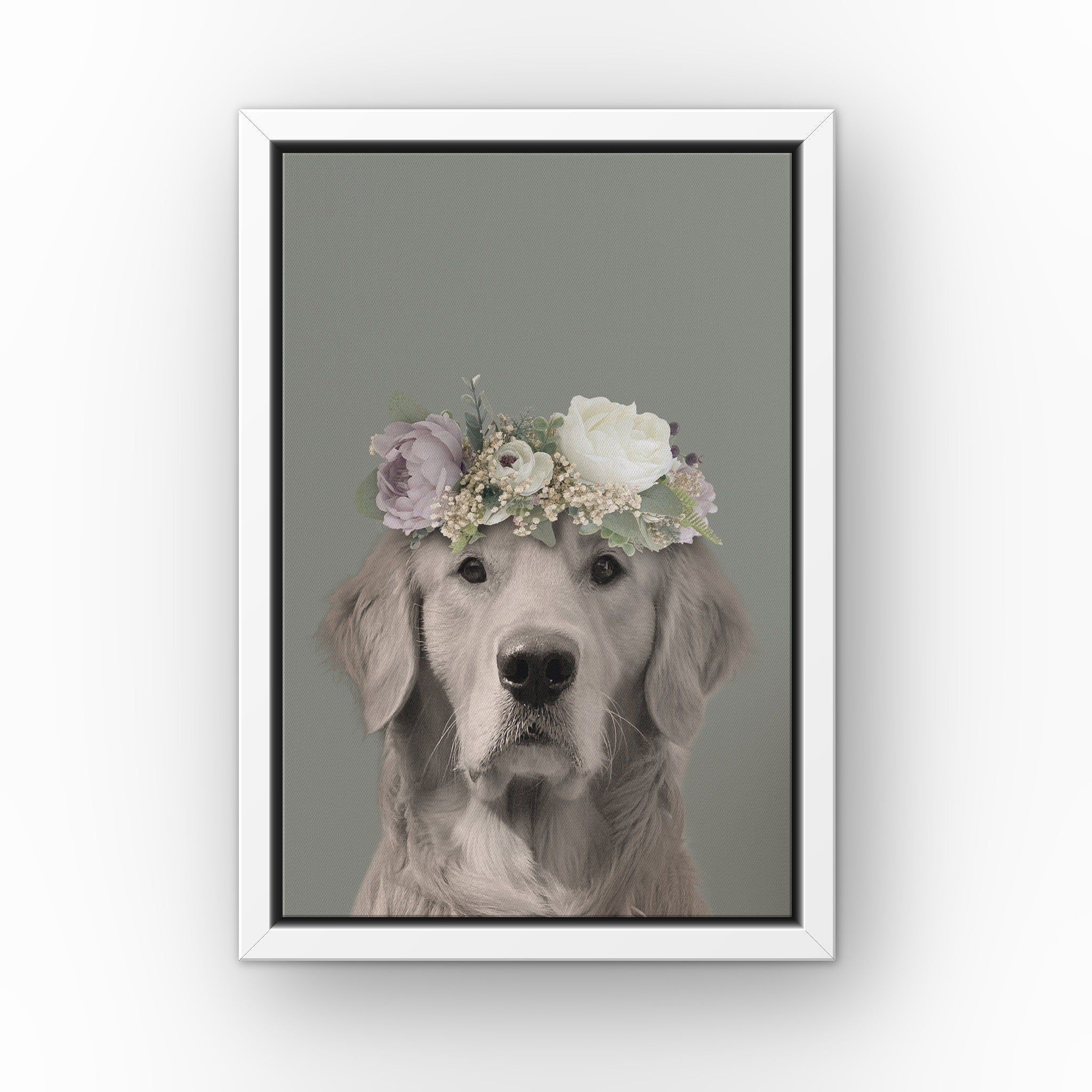 Full Bloom Pet Portrait (green) custom pet canvas in a white floating frame
