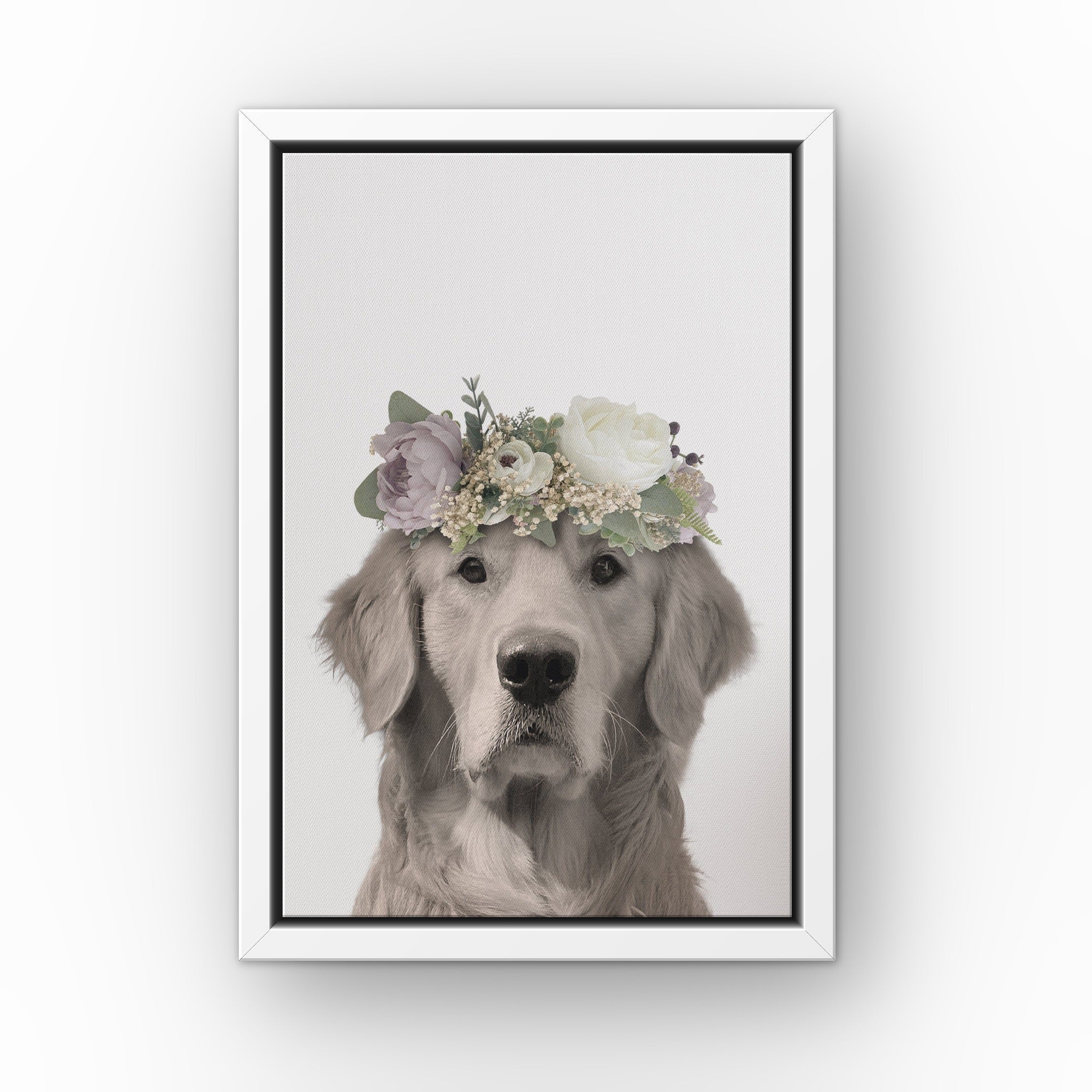 Full Bloom Pet Portrait (white) custom pet canvas in a white floating frame
