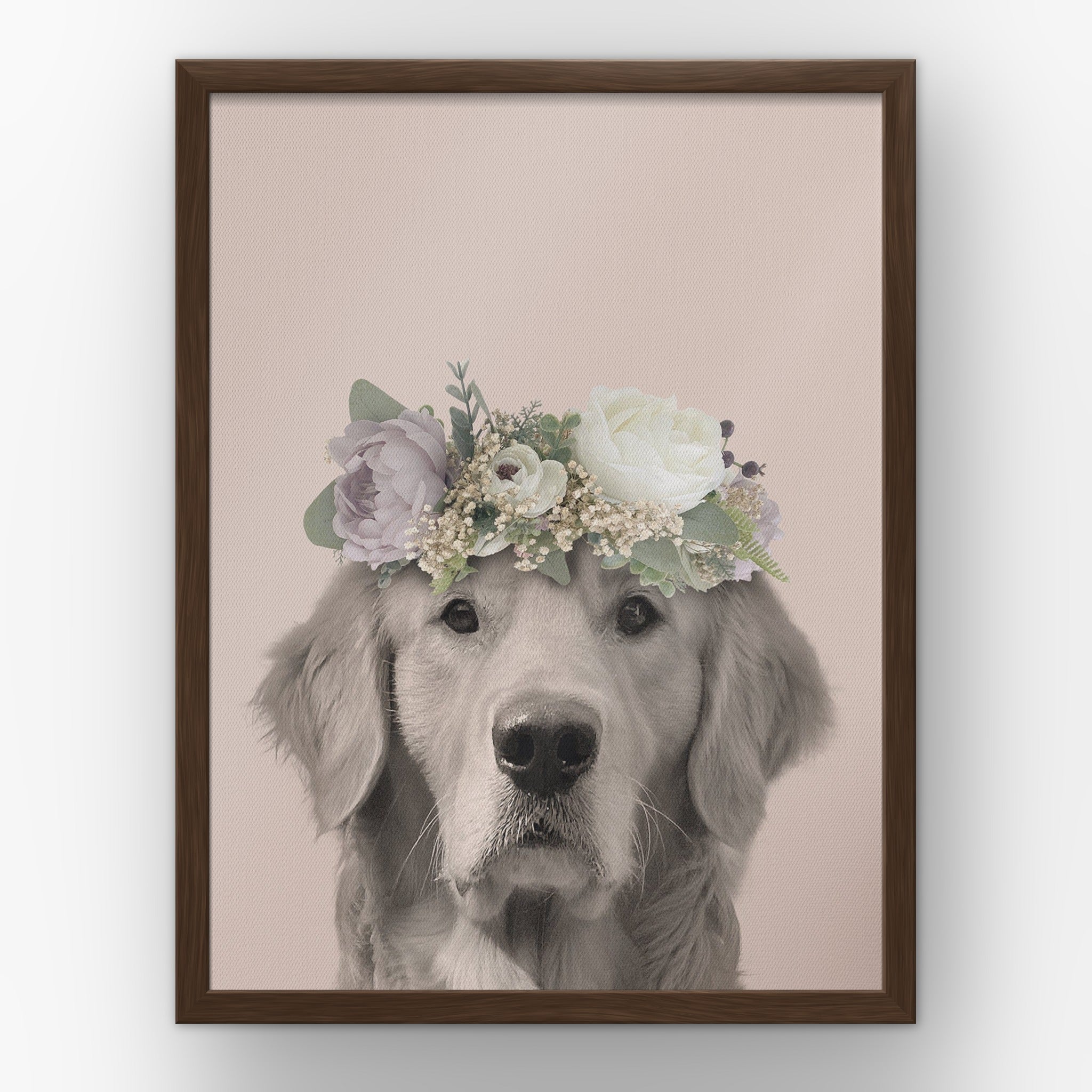 Full Bloom (soft pink) custom pet poster in a walnut frame