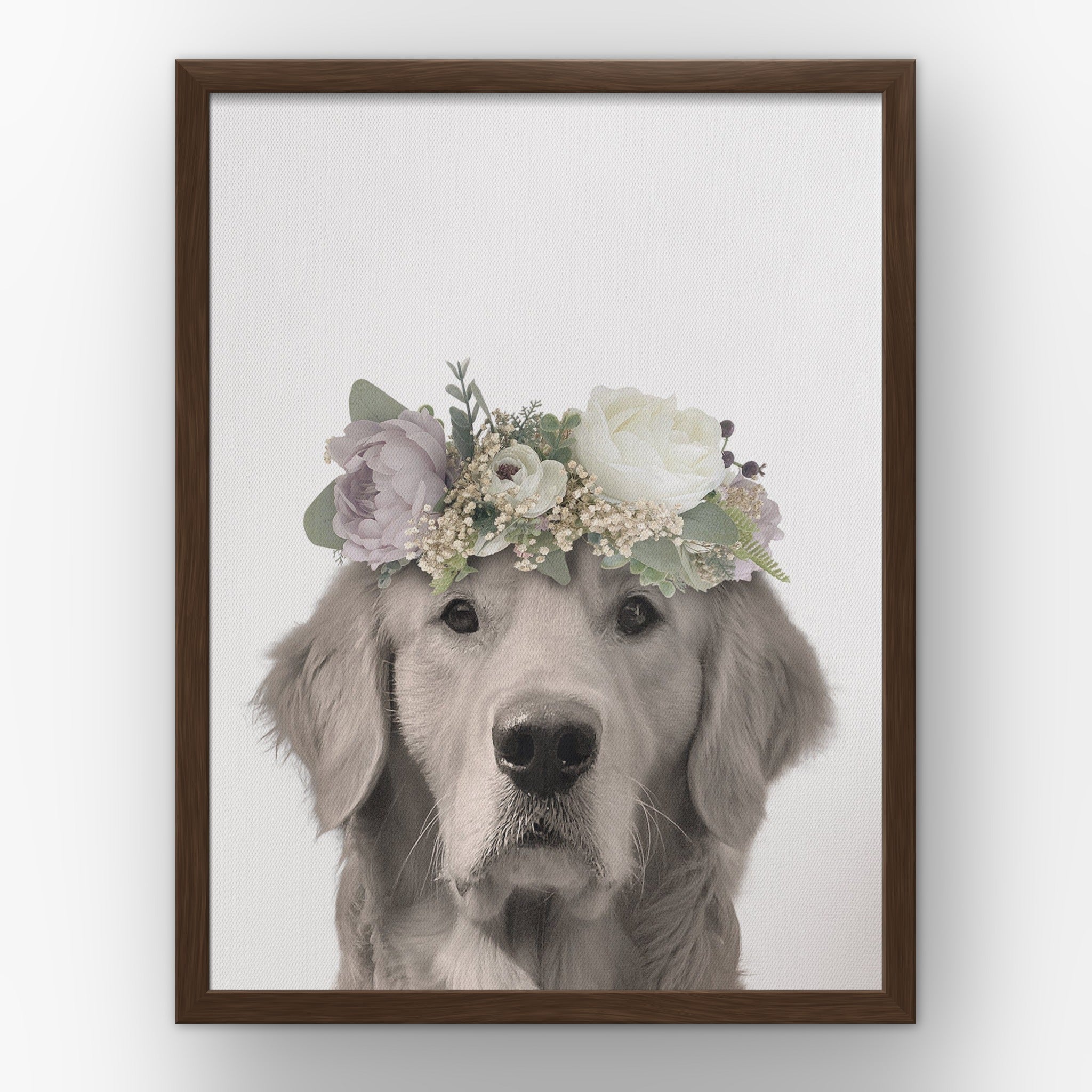 Full Bloom (white) custom pet poster in a walnut frame
