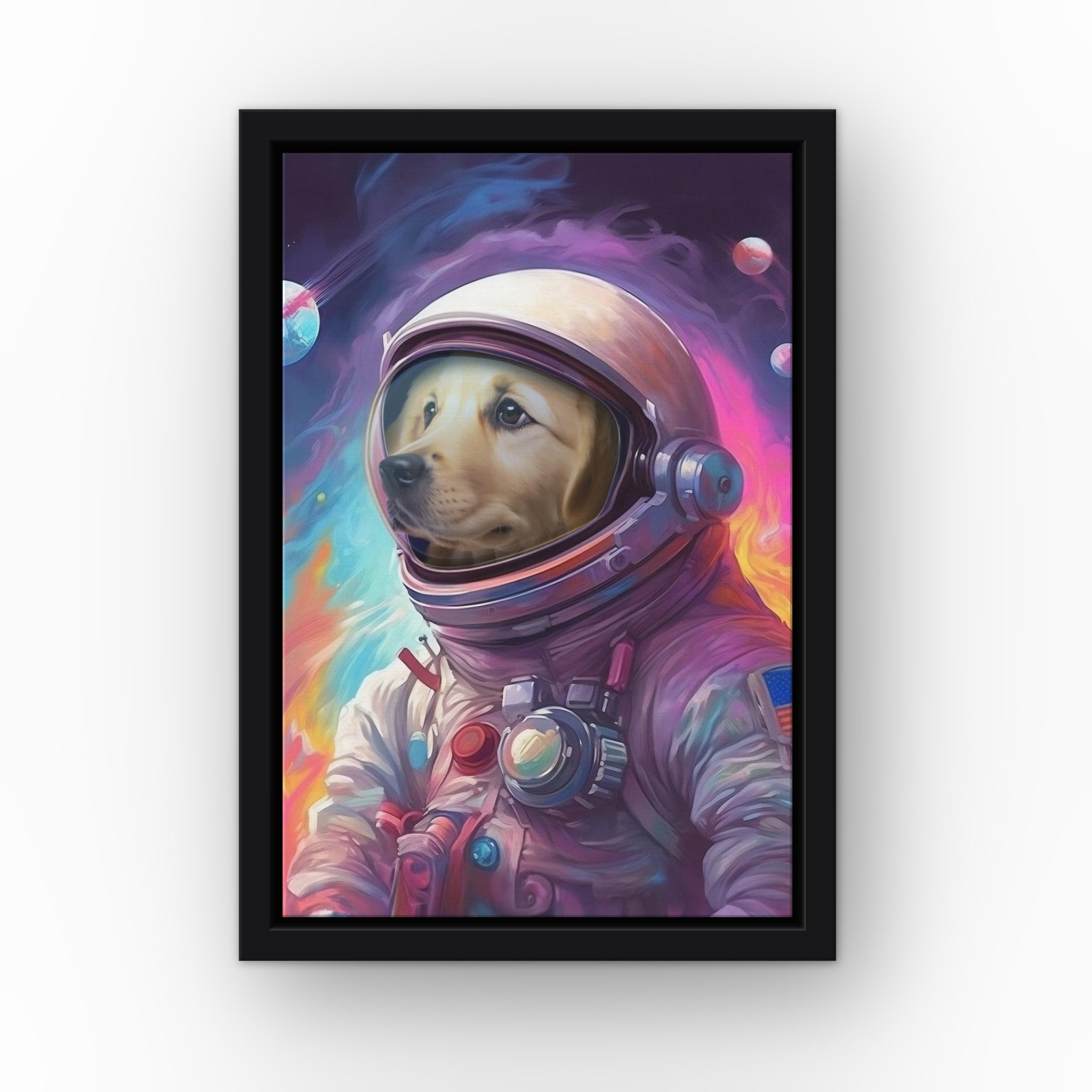 Galactic Pet custom pet canvas in a black floating frame