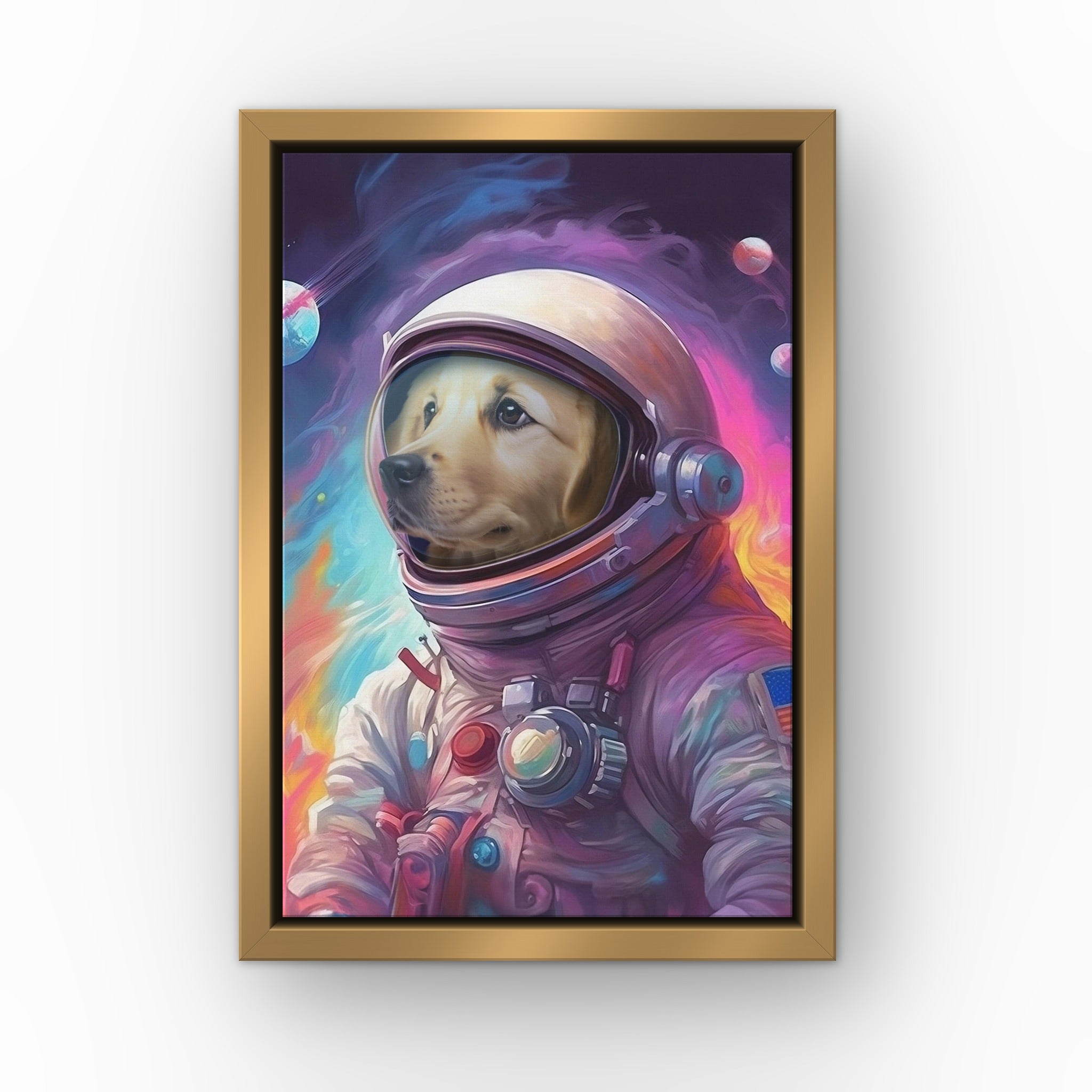 Galactic Pet custom pet canvas in a gold floating frame