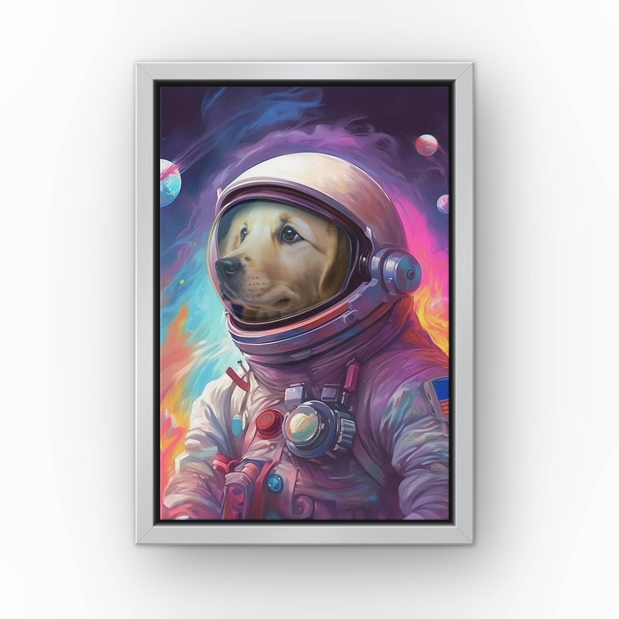 Galactic Pet custom pet canvas in a silver floating frame