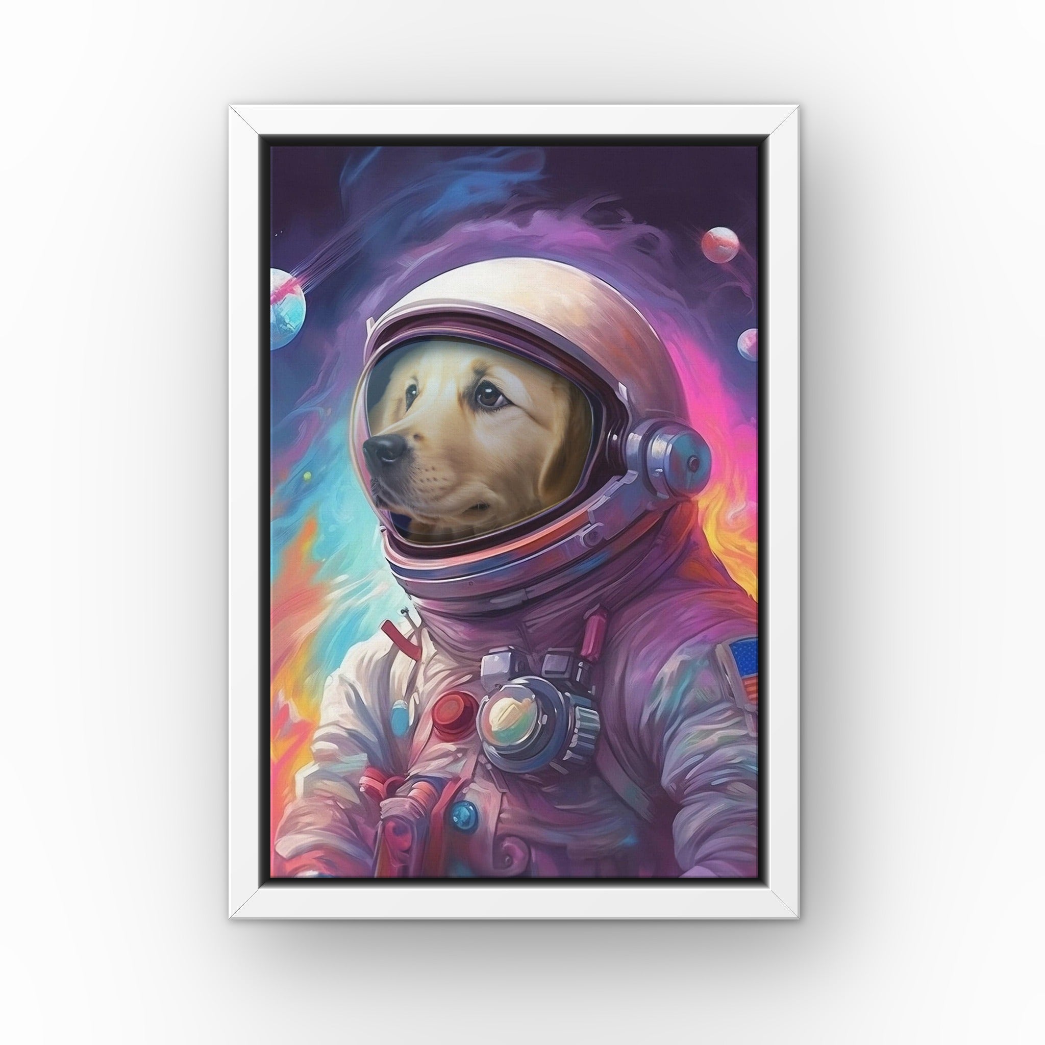 Galactic Pet custom pet canvas in a white floating frame