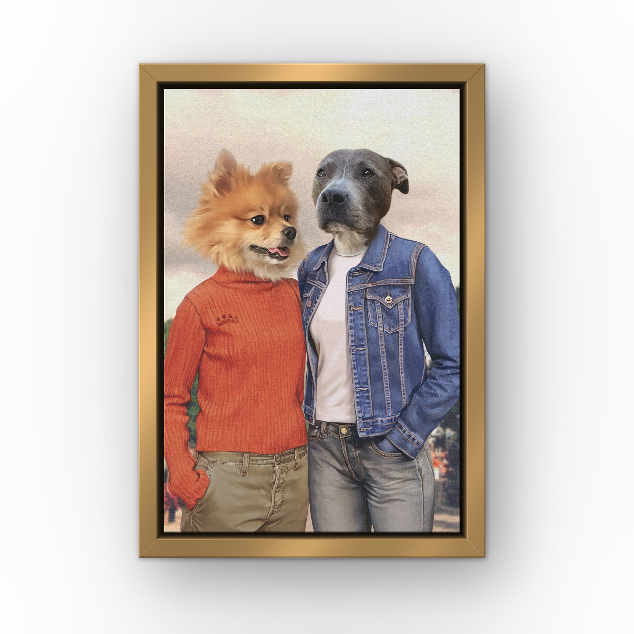 Gilpaw Girls (casual style) custom pet canvas in a gold floating frame