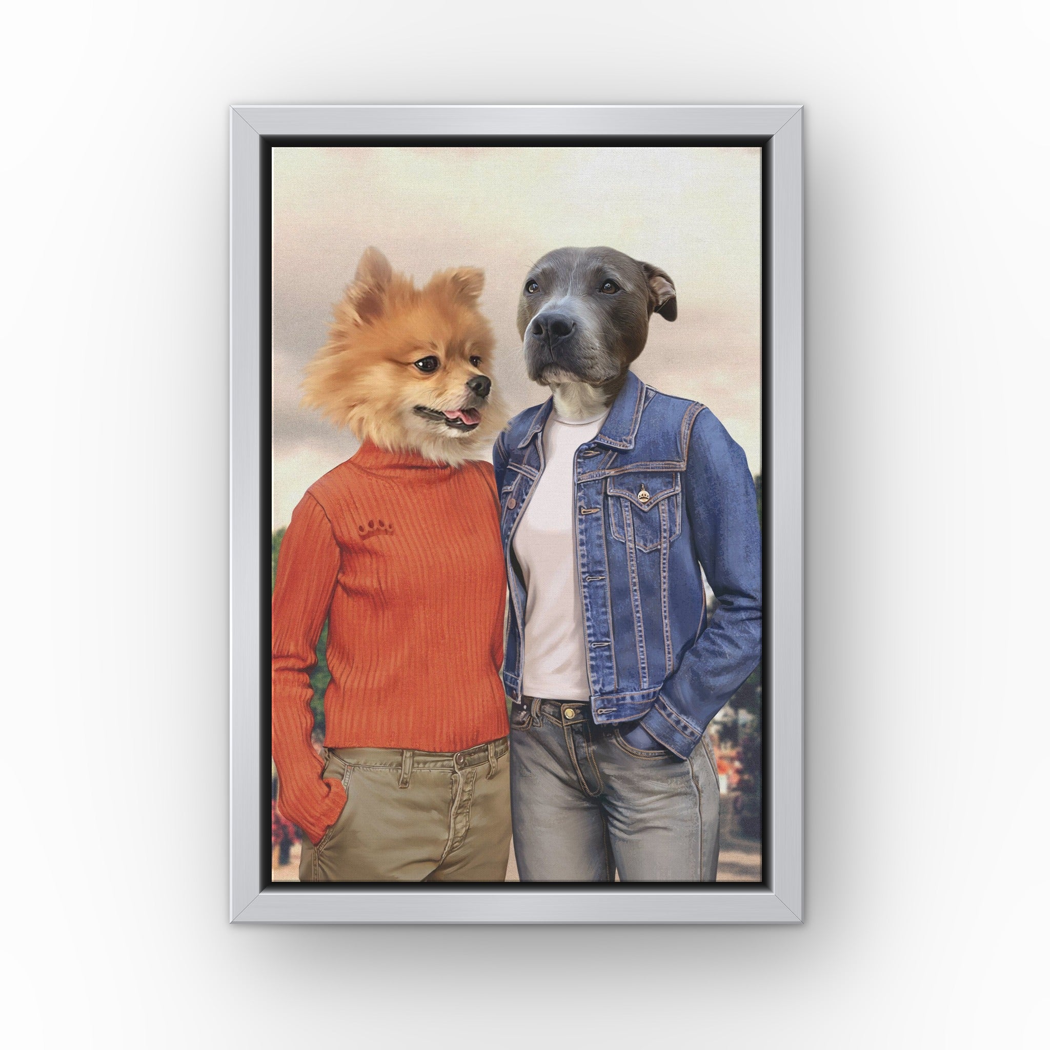Gilpaw Girls (casual style) custom pet canvas in a silver floating frame