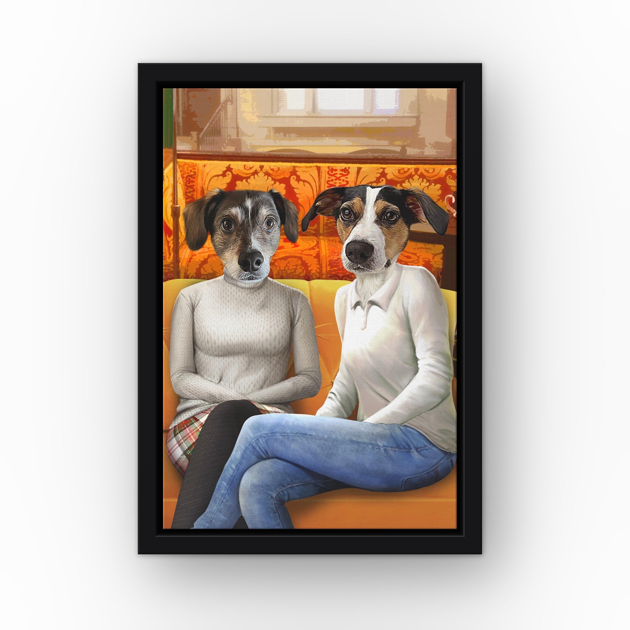 Girl Room Mates custom pet canvas in a black floating frame