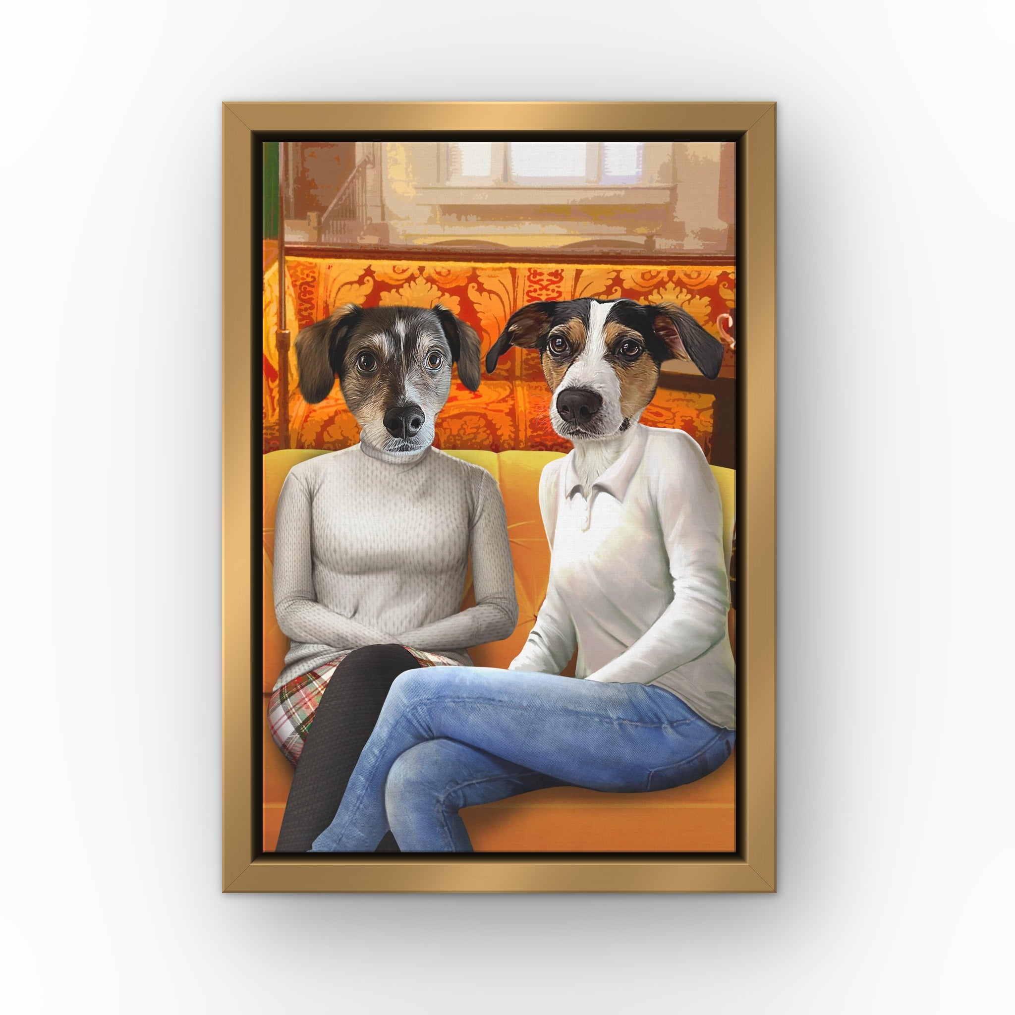 Girl Room Mates custom pet canvas in a gold floating frame