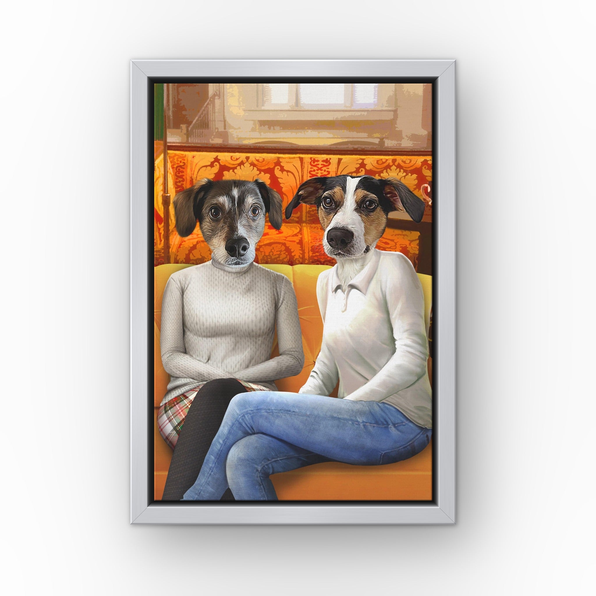 Girl Room Mates custom pet canvas in a silver floating frame