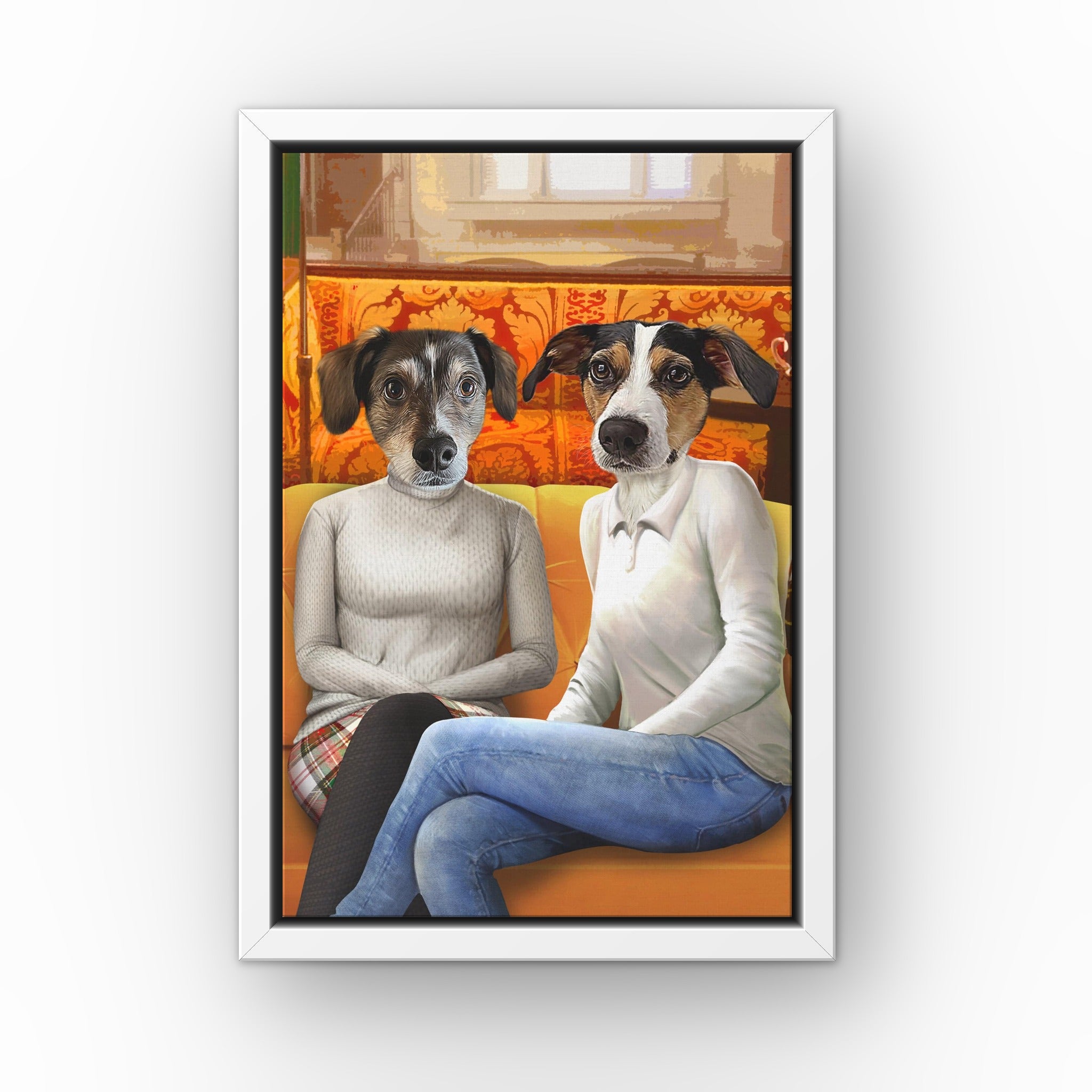 Girl Room Mates custom pet canvas in a white floating frame