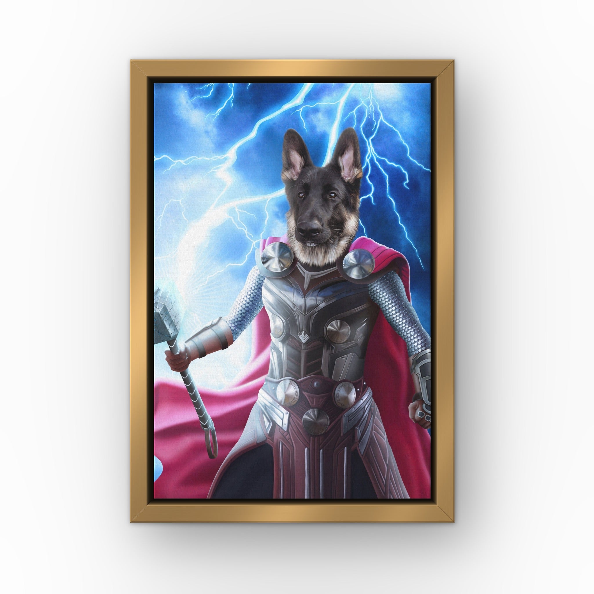 Goddess of Thunder custom pet canvas in a gold floating frame