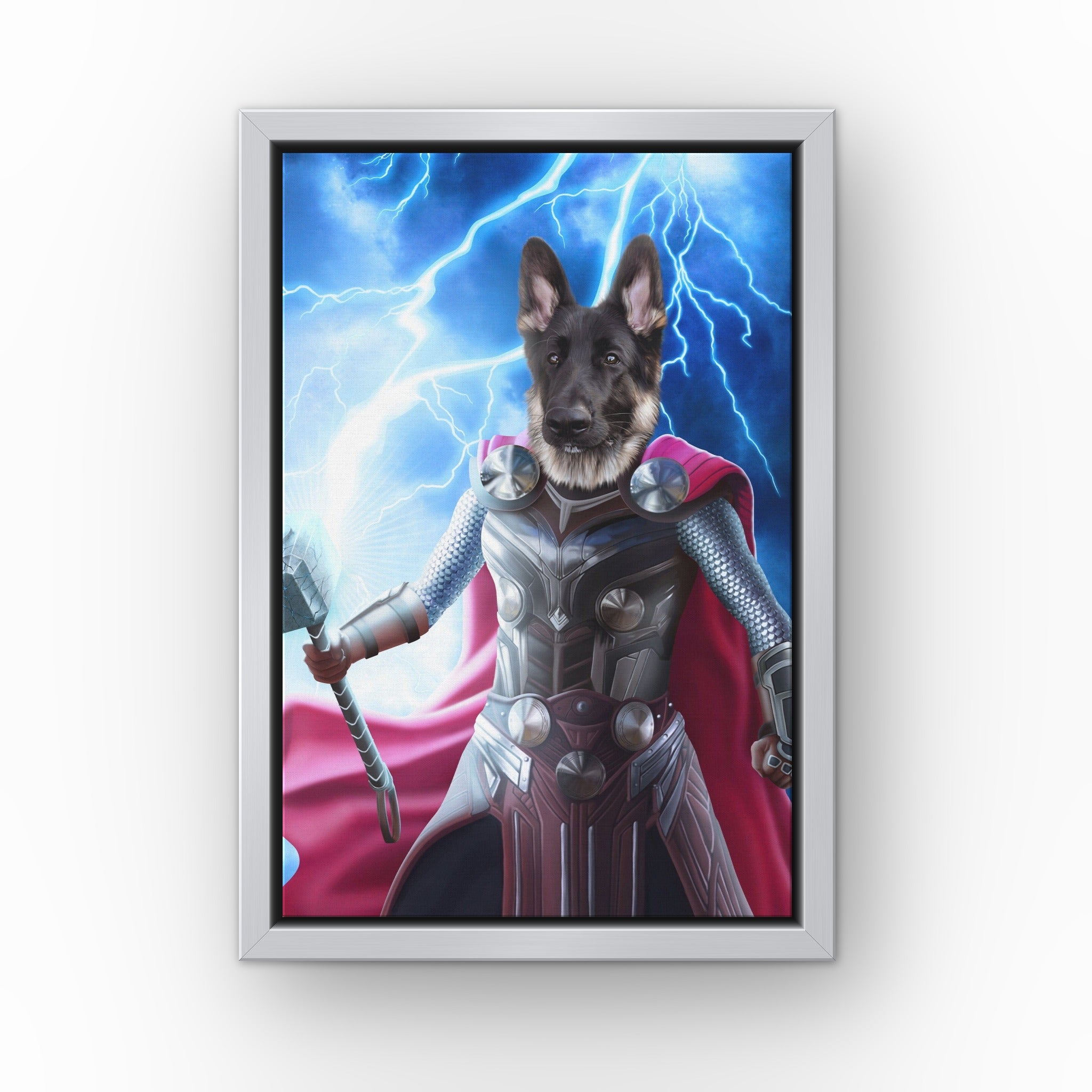 Goddess of Thunder custom pet canvas in a silver floating frame