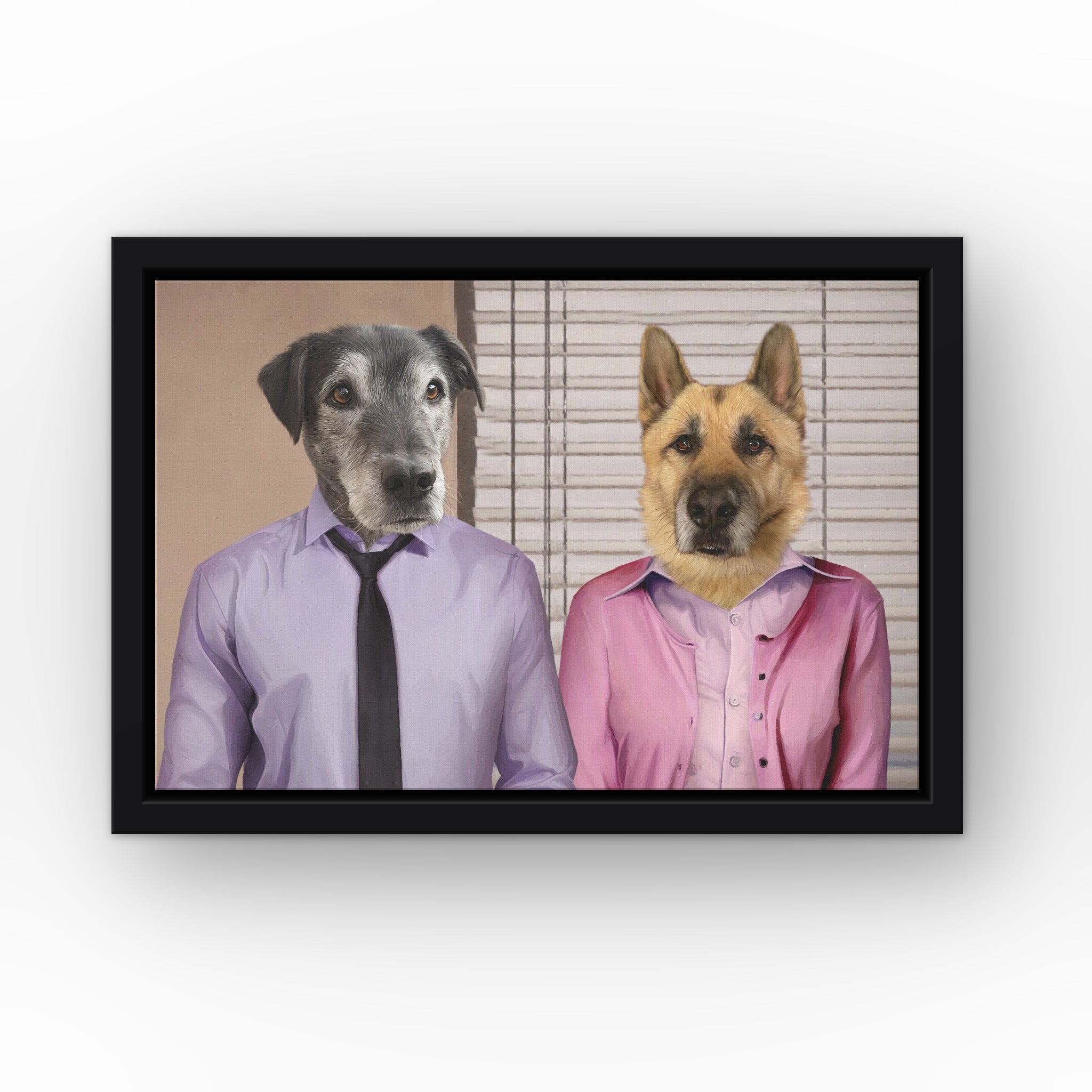 Jim and Pam custom pet canvas in a black floating frame