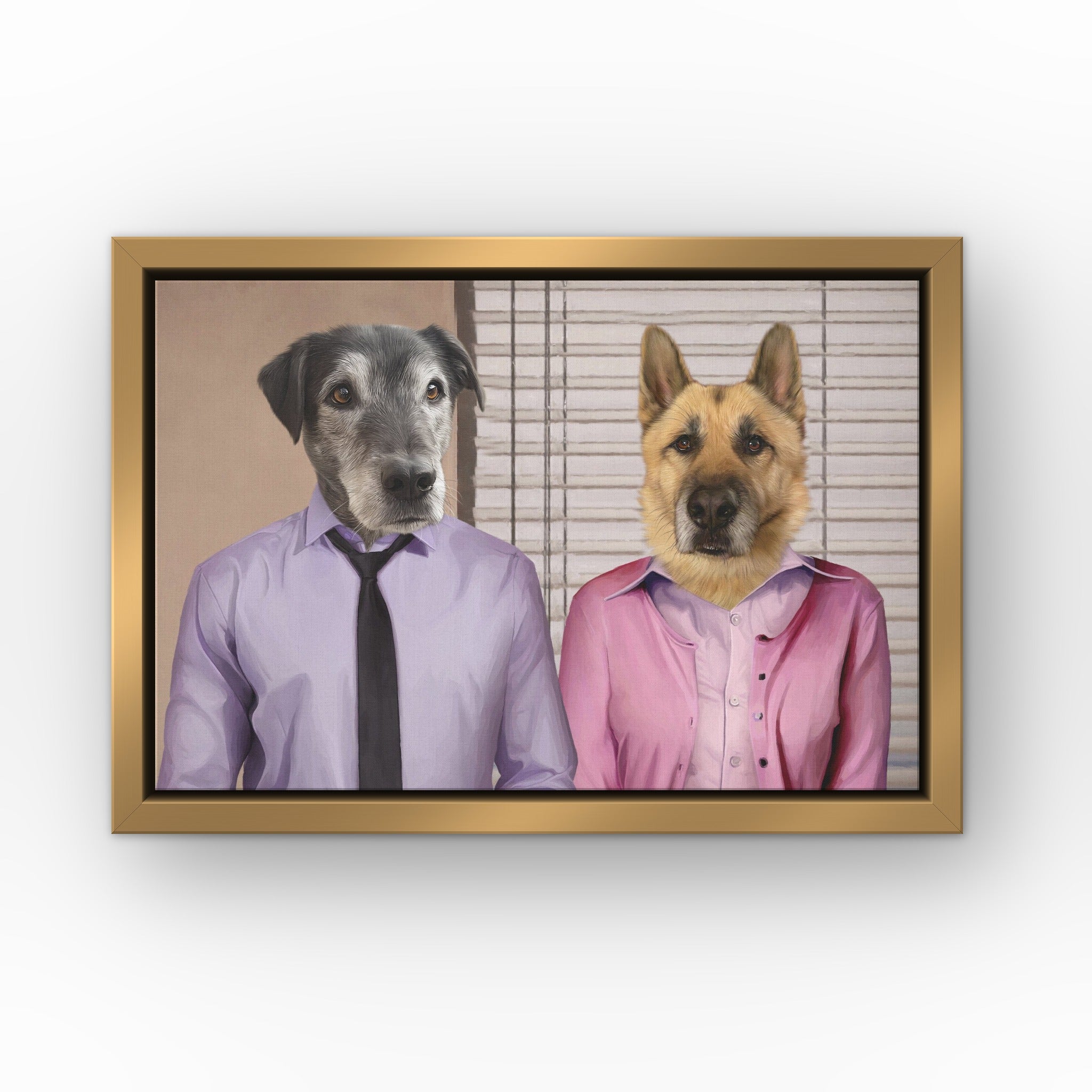 Jim and Pam custom pet canvas in a gold floating frame