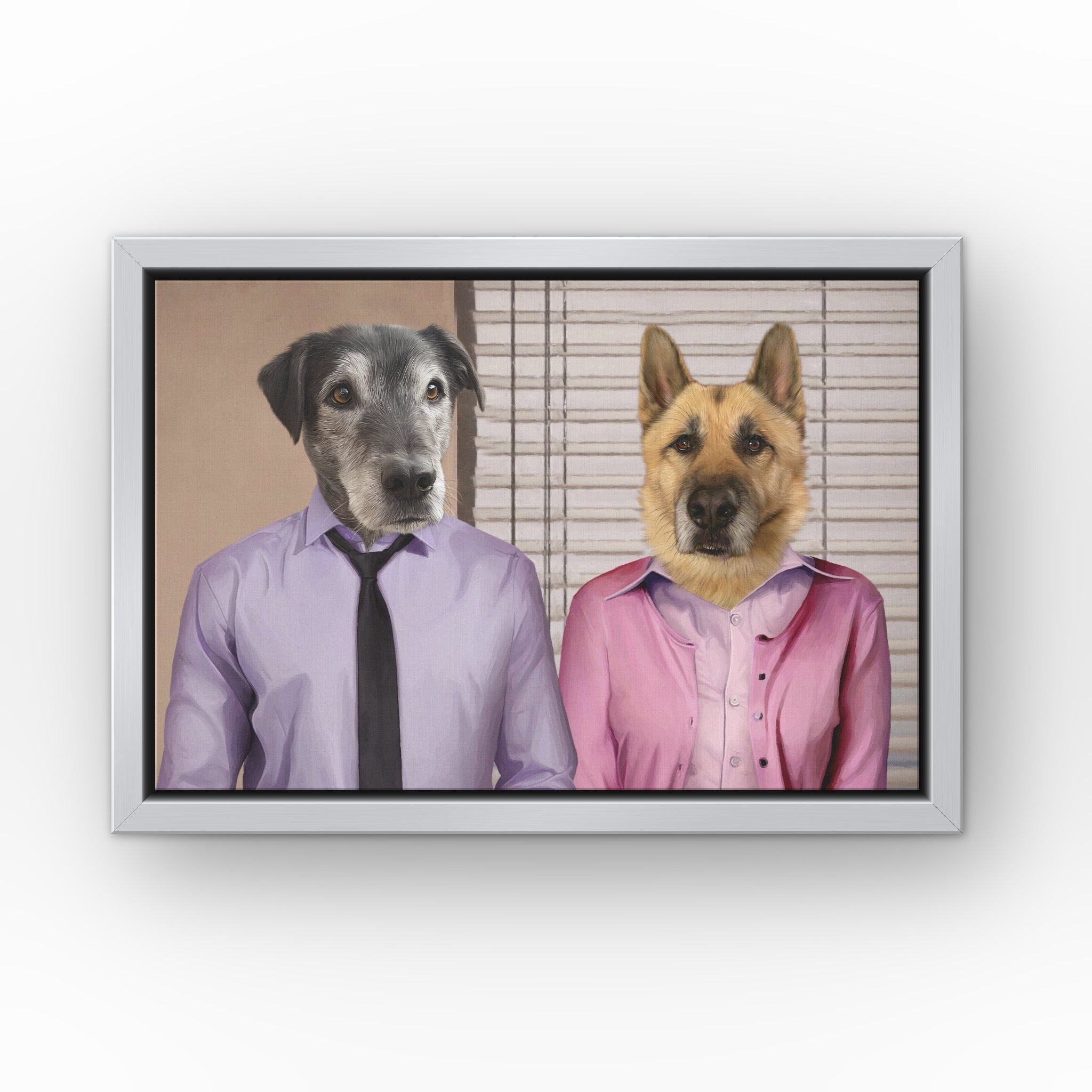 Jim and Pam custom pet canvas in a silver floating frame