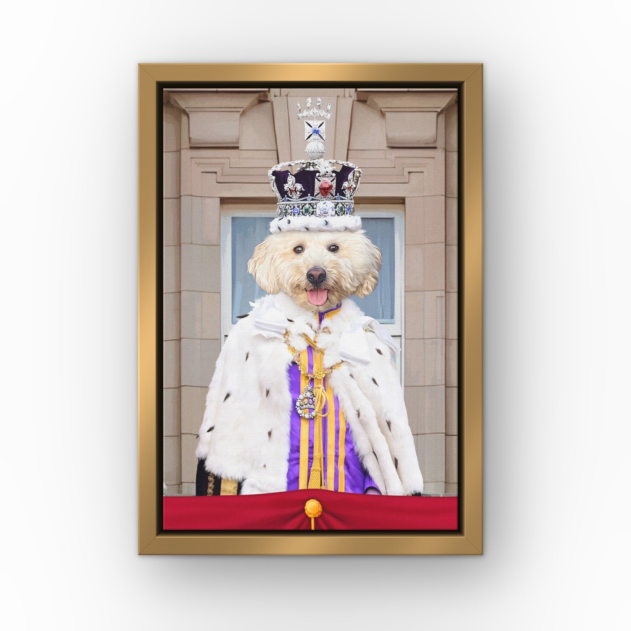 King's Coronation custom pet canvas in a gold floating frame