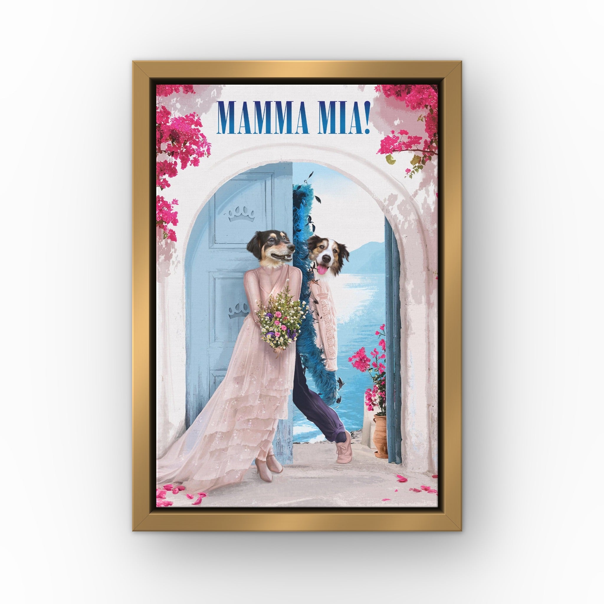 Mamma Mia custom pet canvas in a gold floating frame