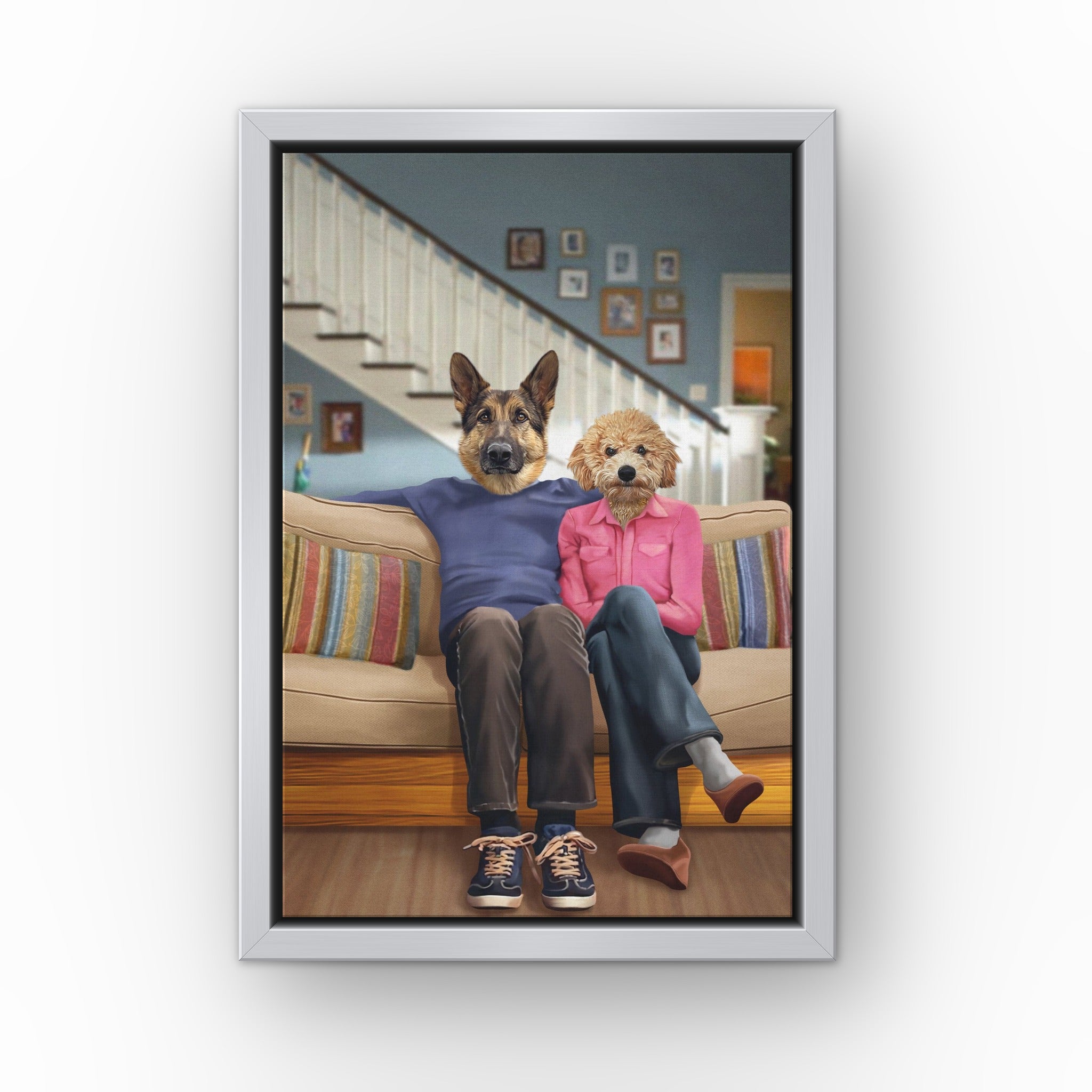 Phil and Claire custom pet canvas in a silver floating frame