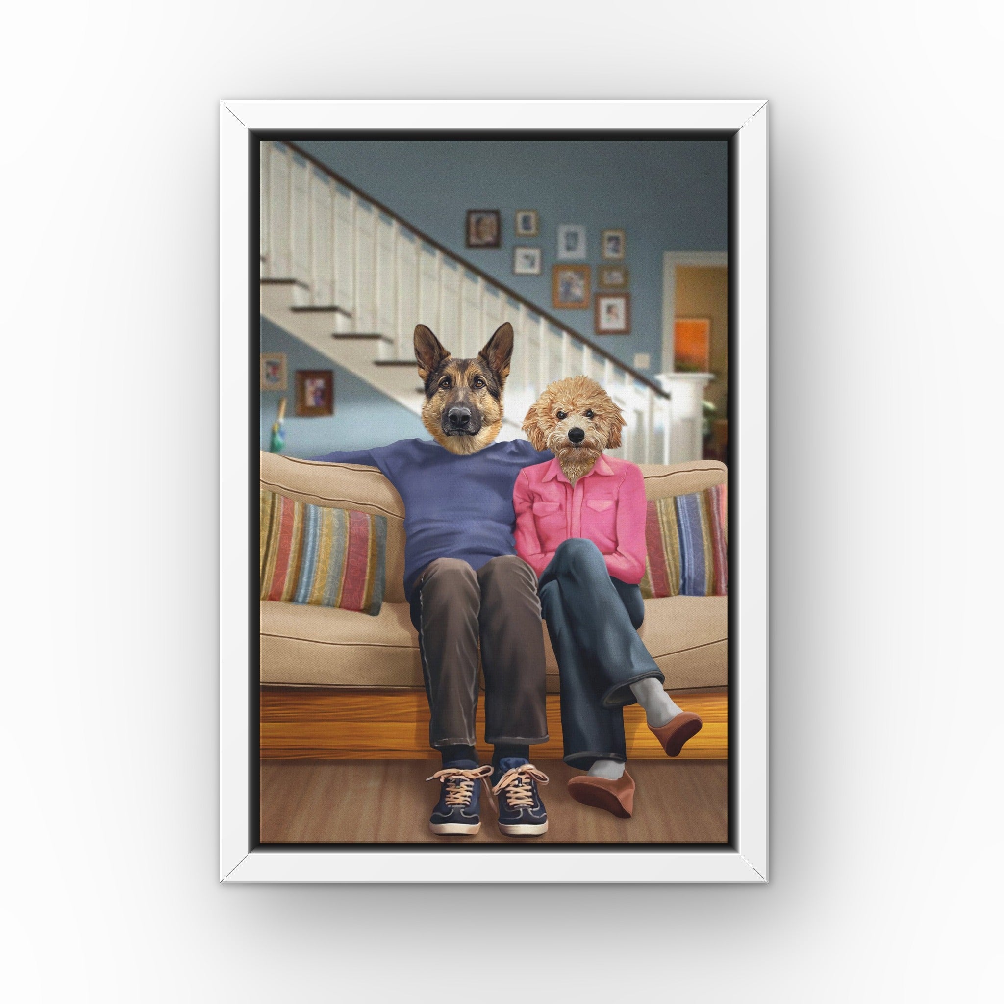 Phil and Claire custom pet canvas in a white floating frame