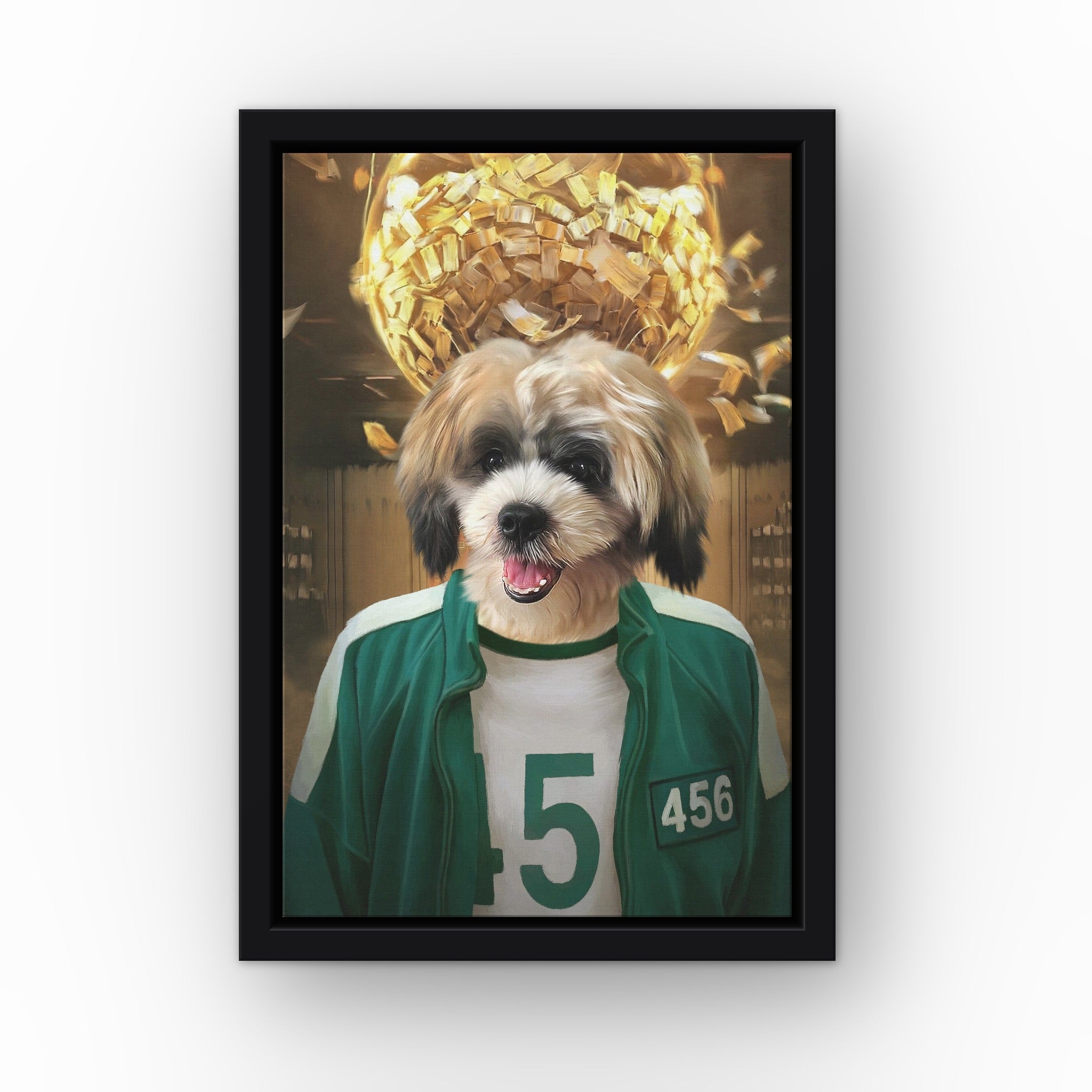 Player 456 custom pet canvas in a black floating frame
