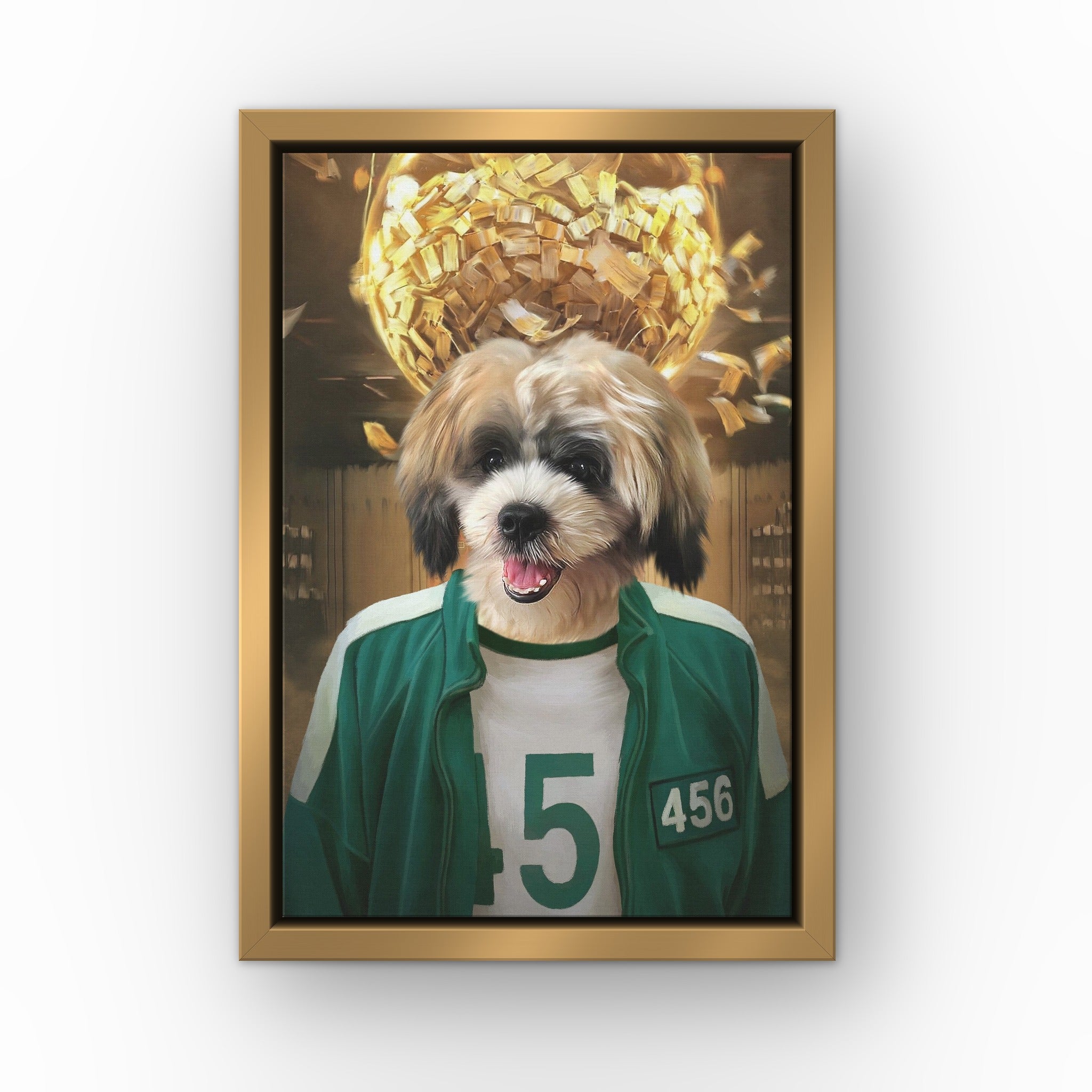 Player 456 custom pet canvas in a gold floating frame