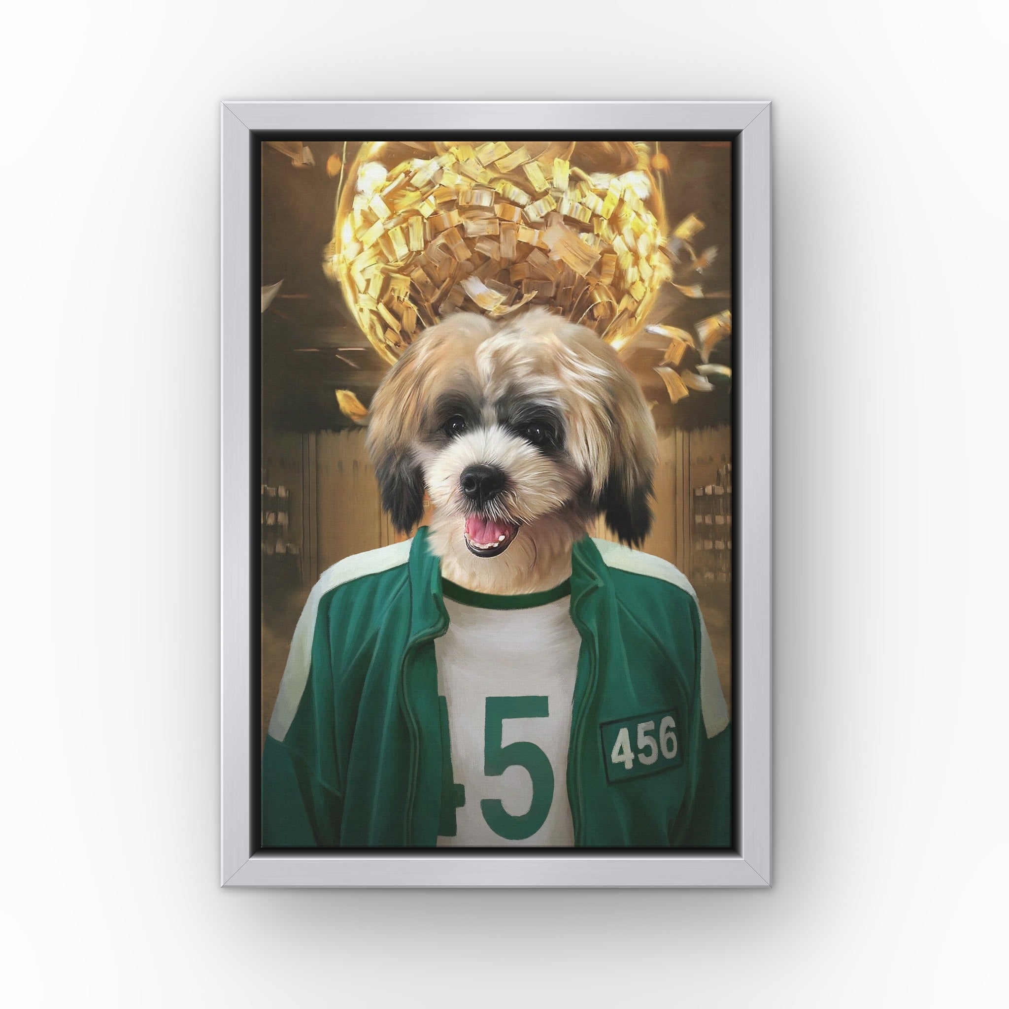Player 456 custom pet canvas in a silver floating frame
