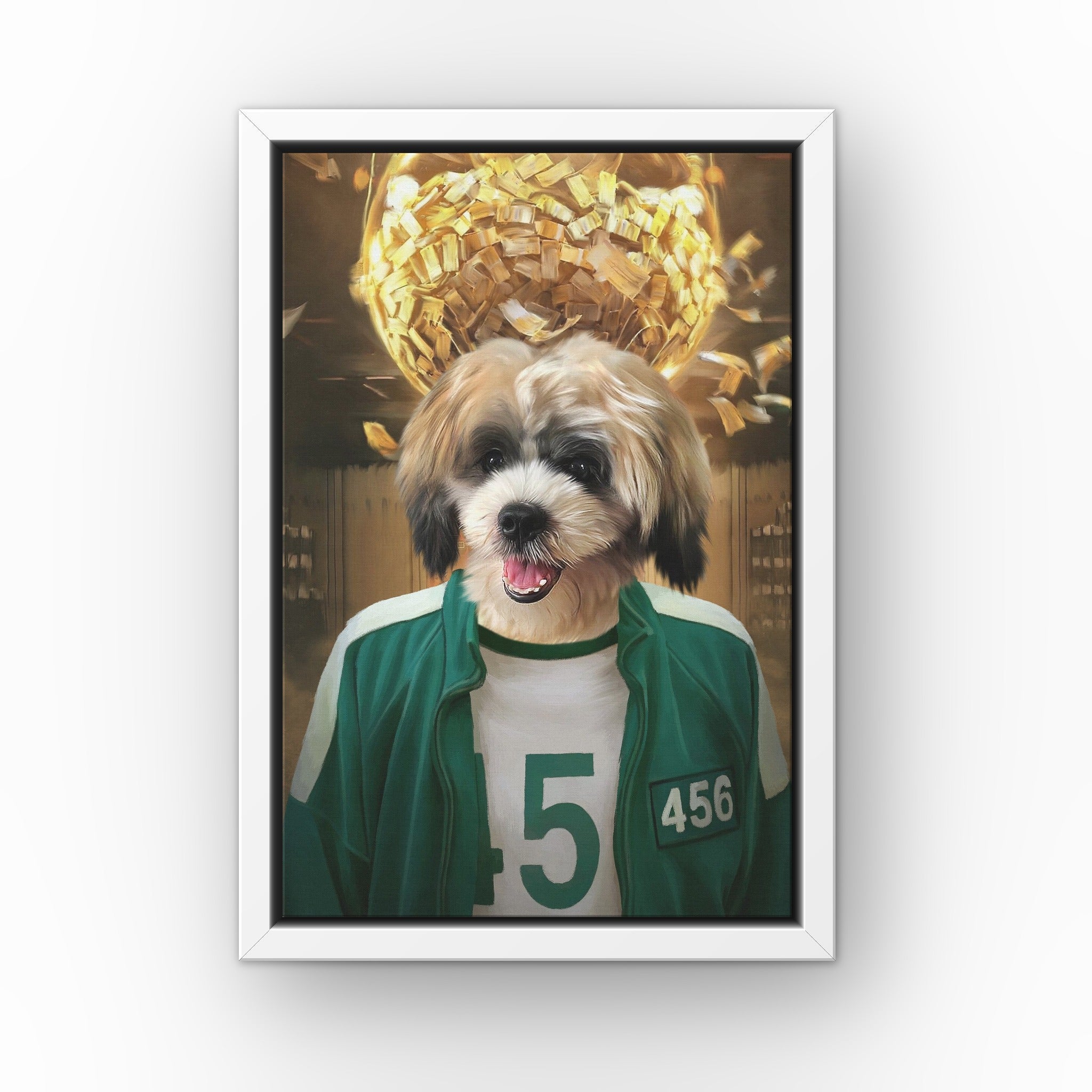 Player 456 custom pet canvas in a white floating frame