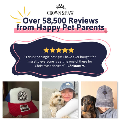 Over 58,500 reviews from happy pet parents: a five-star review of a Crown & Paw custom pet hat