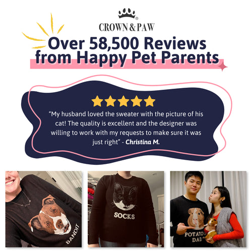 Over 58,500 reviews from happy pet parents: a five-star review of a Crown & Paw custom knitted pet sweater