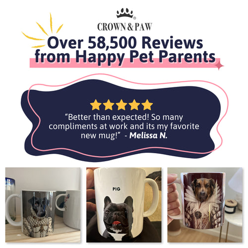 Over 58,500 reviews from happy pet parents: a five-star review of a Crown & Paw custom pet mug
