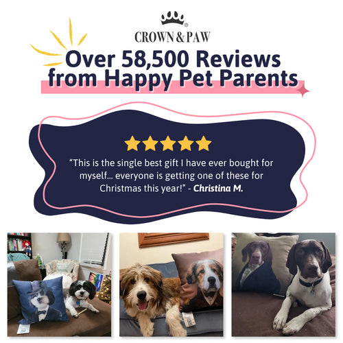 Over 58,500 reviews from happy pet parents: a five-star review of a Crown & Paw custom pet pillow