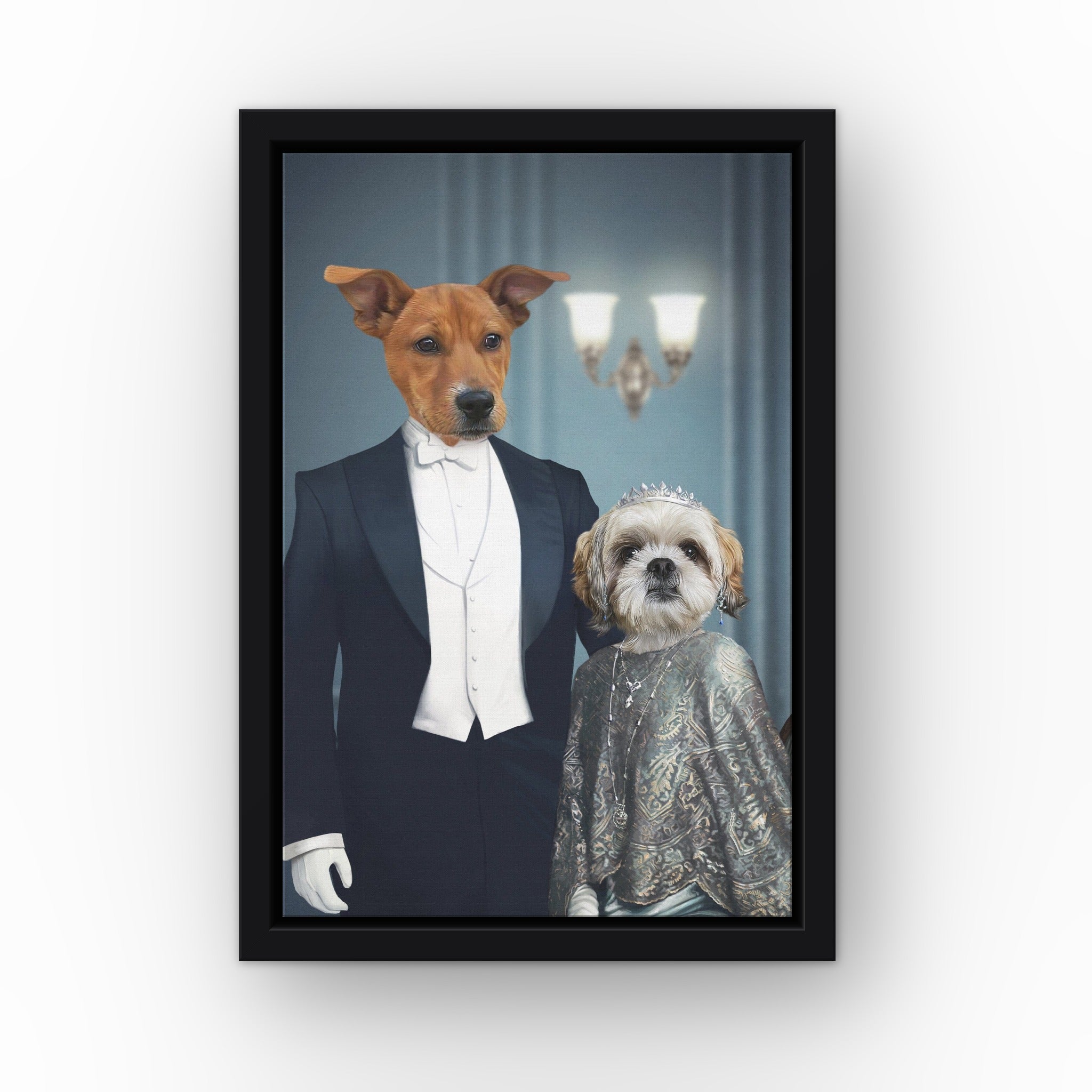 Robert and Cora custom pet canvas in a black floating frame
