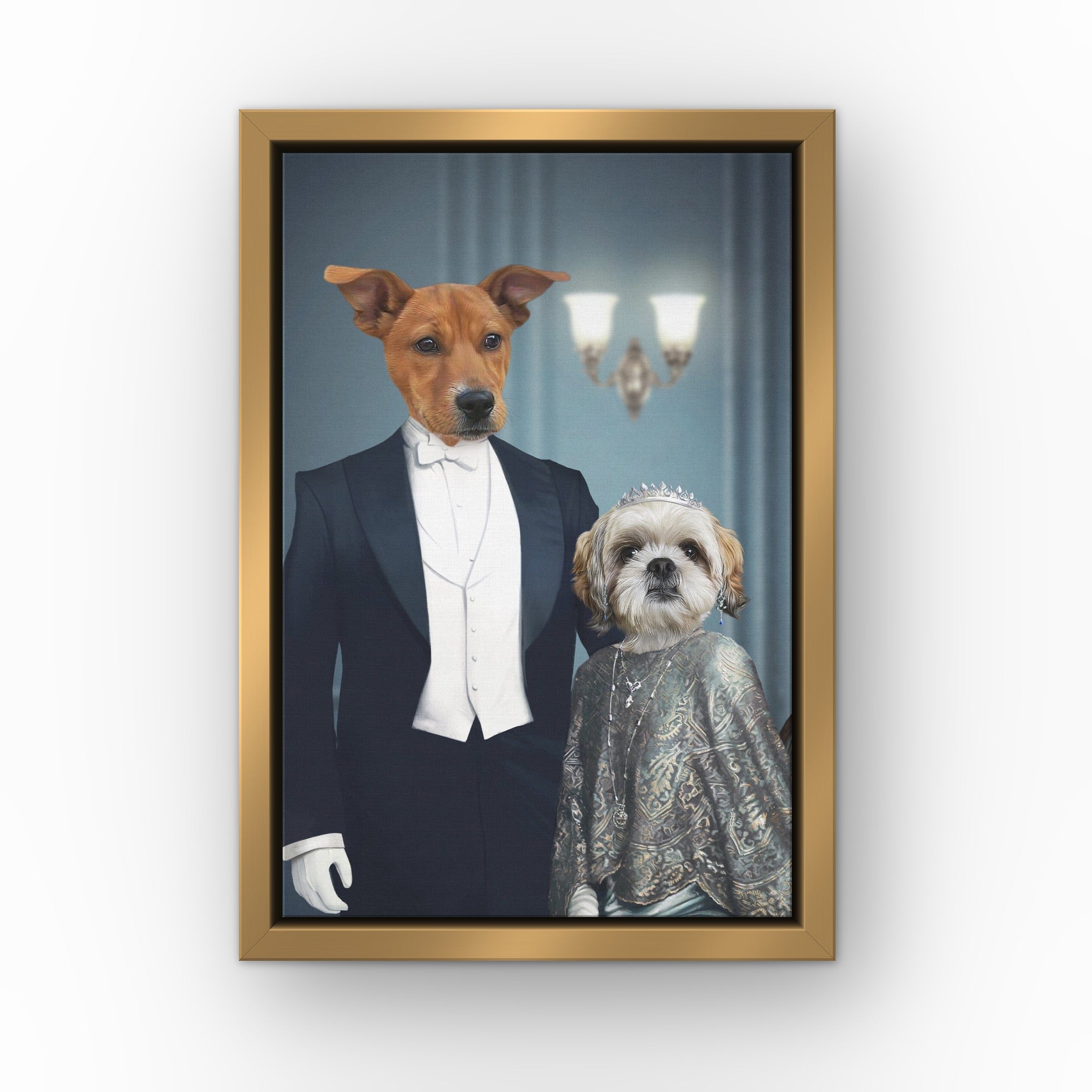 Robert and Cora custom pet canvas in a gold floating frame