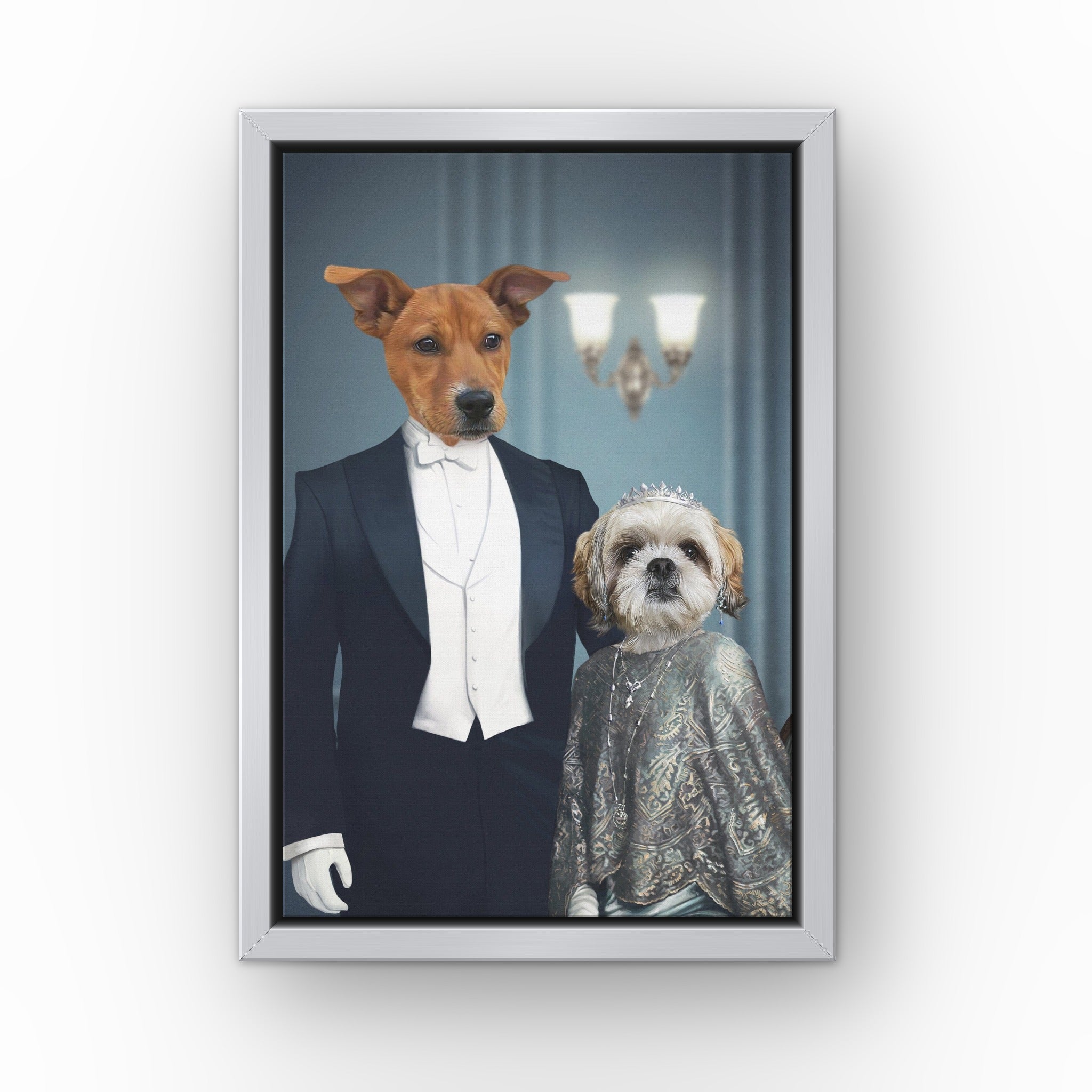 Robert and Cora custom pet canvas in a silver floating frame