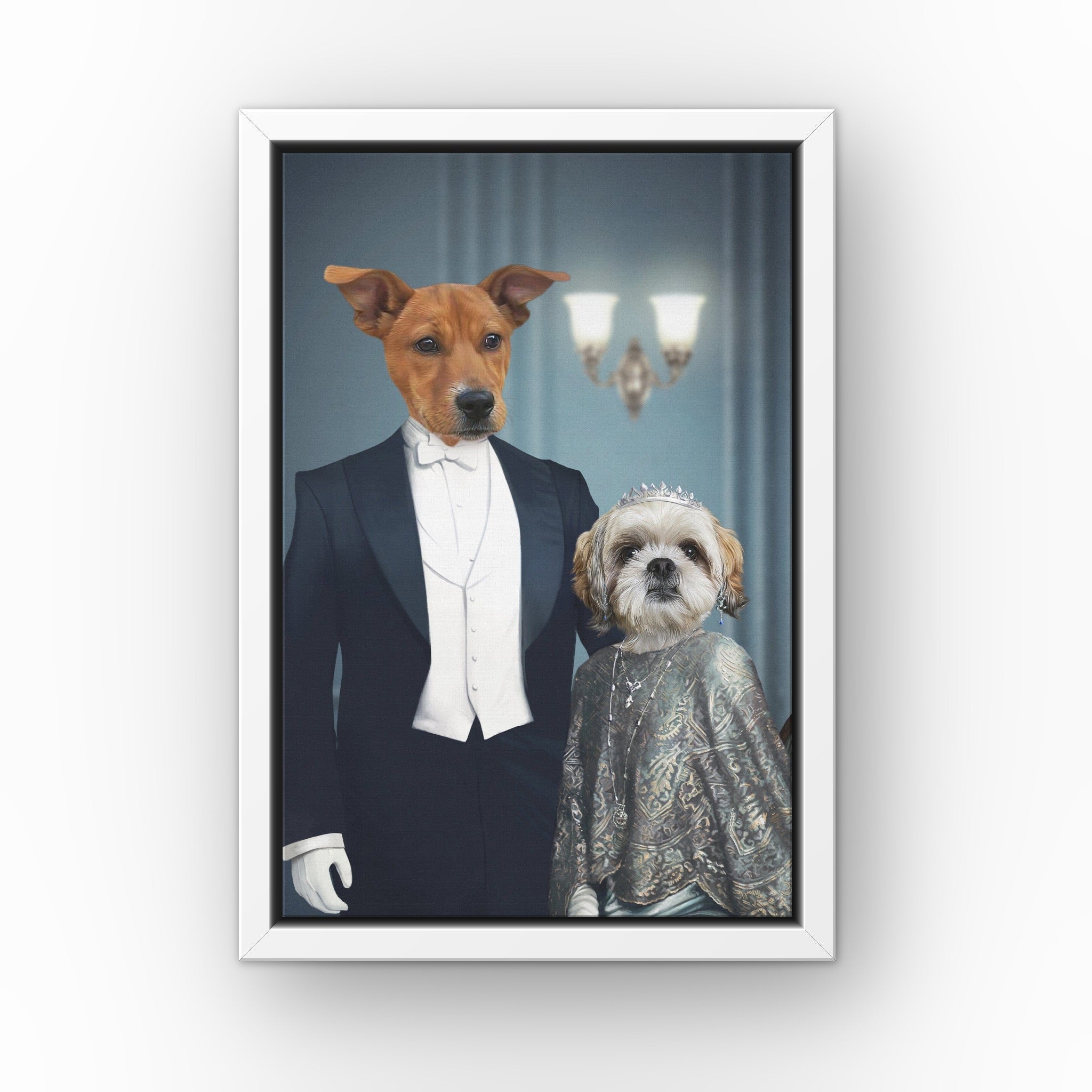 Robert and Cora custom pet canvas in a white floating frame