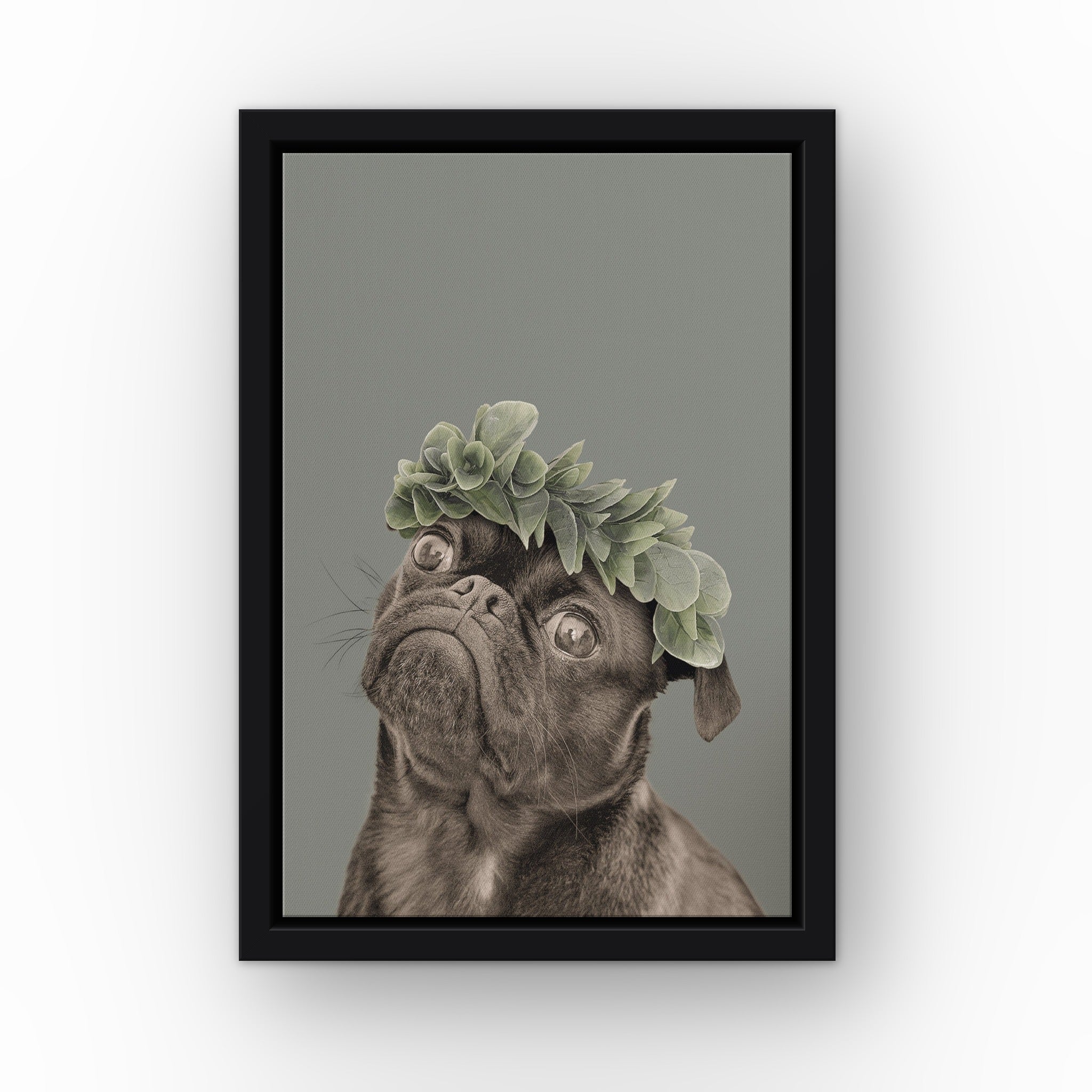 Roman Crown Pet Portrait (green) custom pet canvas in a black floating frame
