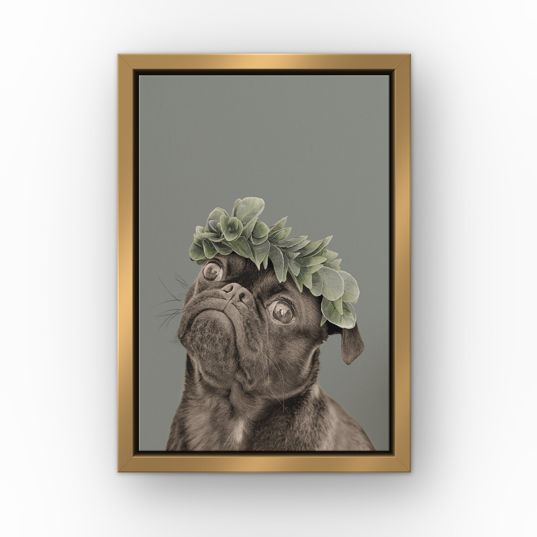Roman Crown Pet Portrait (green) custom pet canvas in a gold floating frame